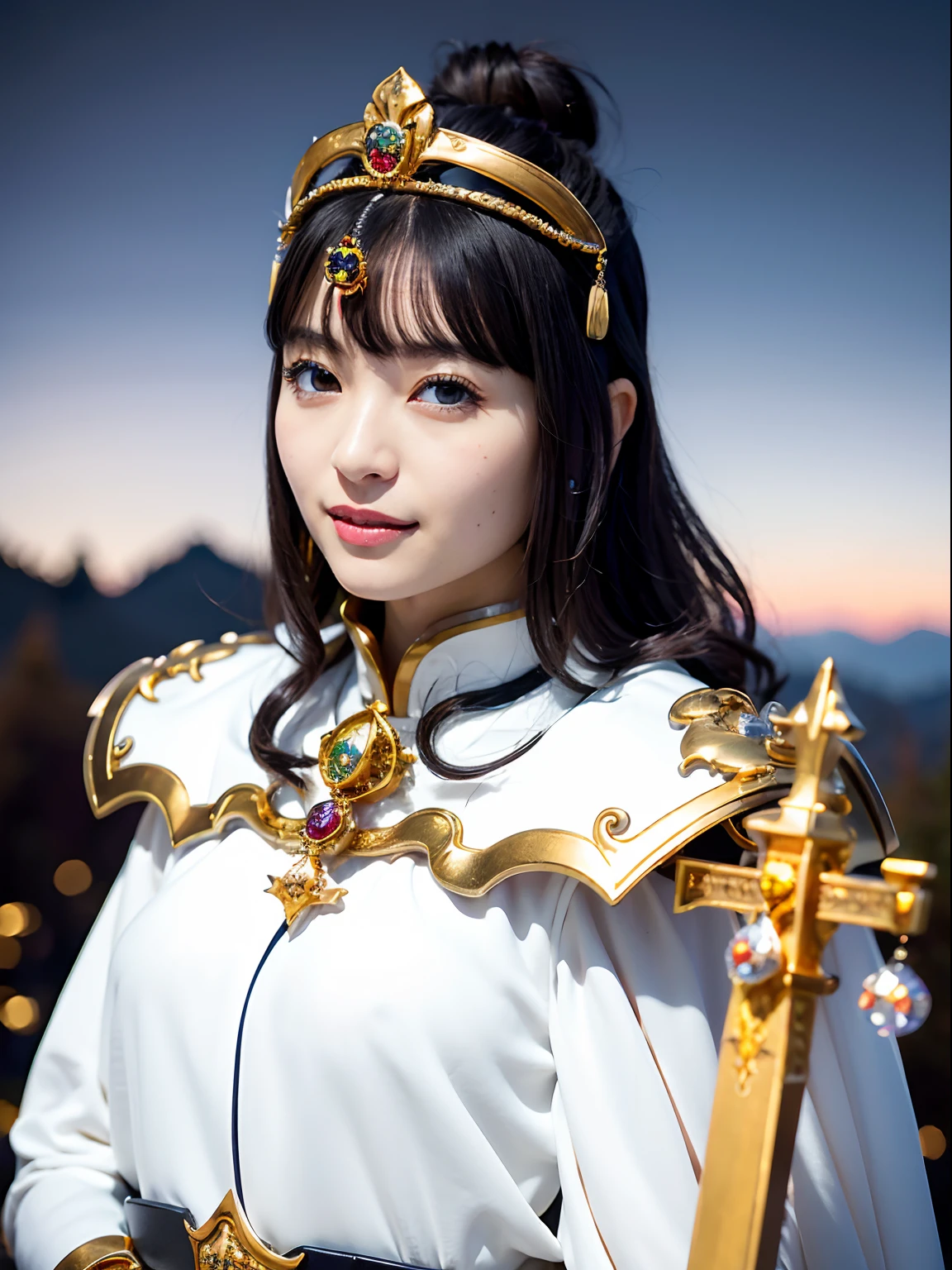 (masutepiece), Professional , masterpiece、top-quality、photos realistic , depth of fields (Gemstone Silver Metal Body:1.9),(Matte White、Jewel Gold Weapon(Jewel Metal Body:1.4),Gorgeous metal weapons ,(Swarm of goblins)、 Detailed Sword of the Brave , Beautiful knife ,warhammer 40k , adepta sororitas,Detail and ornate jewel crown、Black hair、Gangle's forest background、Beautiful Caucasian beauty、1a person、dynamic ungle,(((Detailed and ornate diamond crown)))、Smaller head、A smile、Take a sexy pose、Background inside the castle、Thin and beautiful female hands、