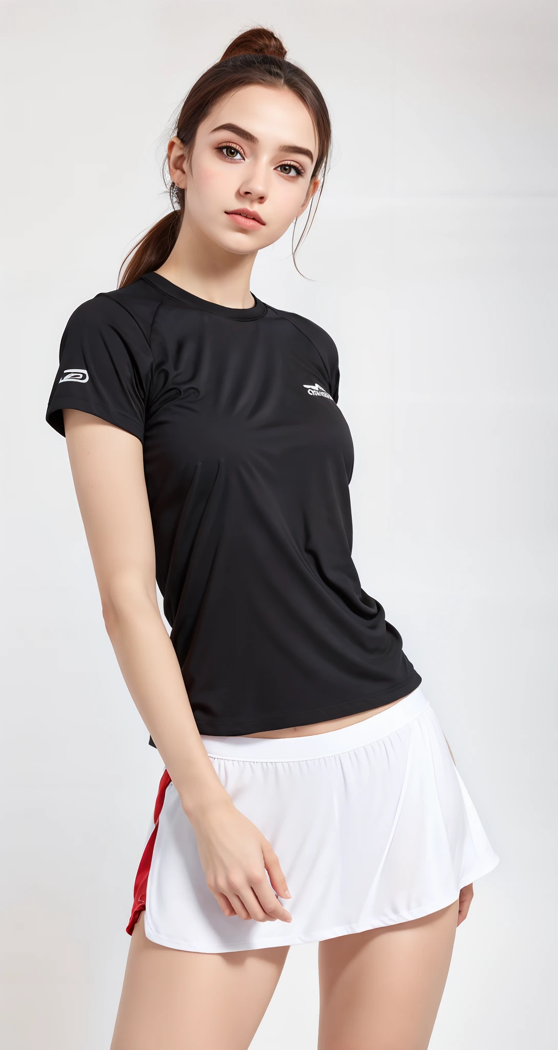 uma mulher linda de top preto e saia branca posando para uma foto, mangas curtas, tampo preto, camiseta preta, roupas esportivas, saia curta, usando uma saia curta esportiva, saia curta tem, camisa preta, usando roupas sexy, mini saia sexy, minissaia, camiseta esportiva, vestindo camiseta preta, camiseta, T - Camisa, camisa preta, roupas esportivas, tennis wear, Camiseta, T-shirt preta, camiseta preta