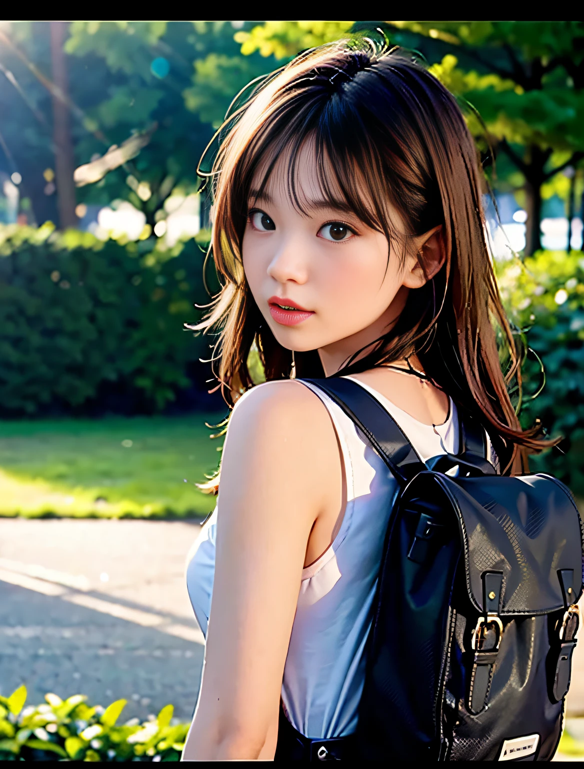 At night there was a woman walking in the park with a backpack on her back, calm evening. over the shoulder shot, bae suzy, with backlight, With sunset, cinematic backlighting, screenshots from movies, cinematic back lit lighting, girl looks at the space, film promotional still, With cinematic lighting, still from live action movie, movie screencap, The light from the back window is backlighted