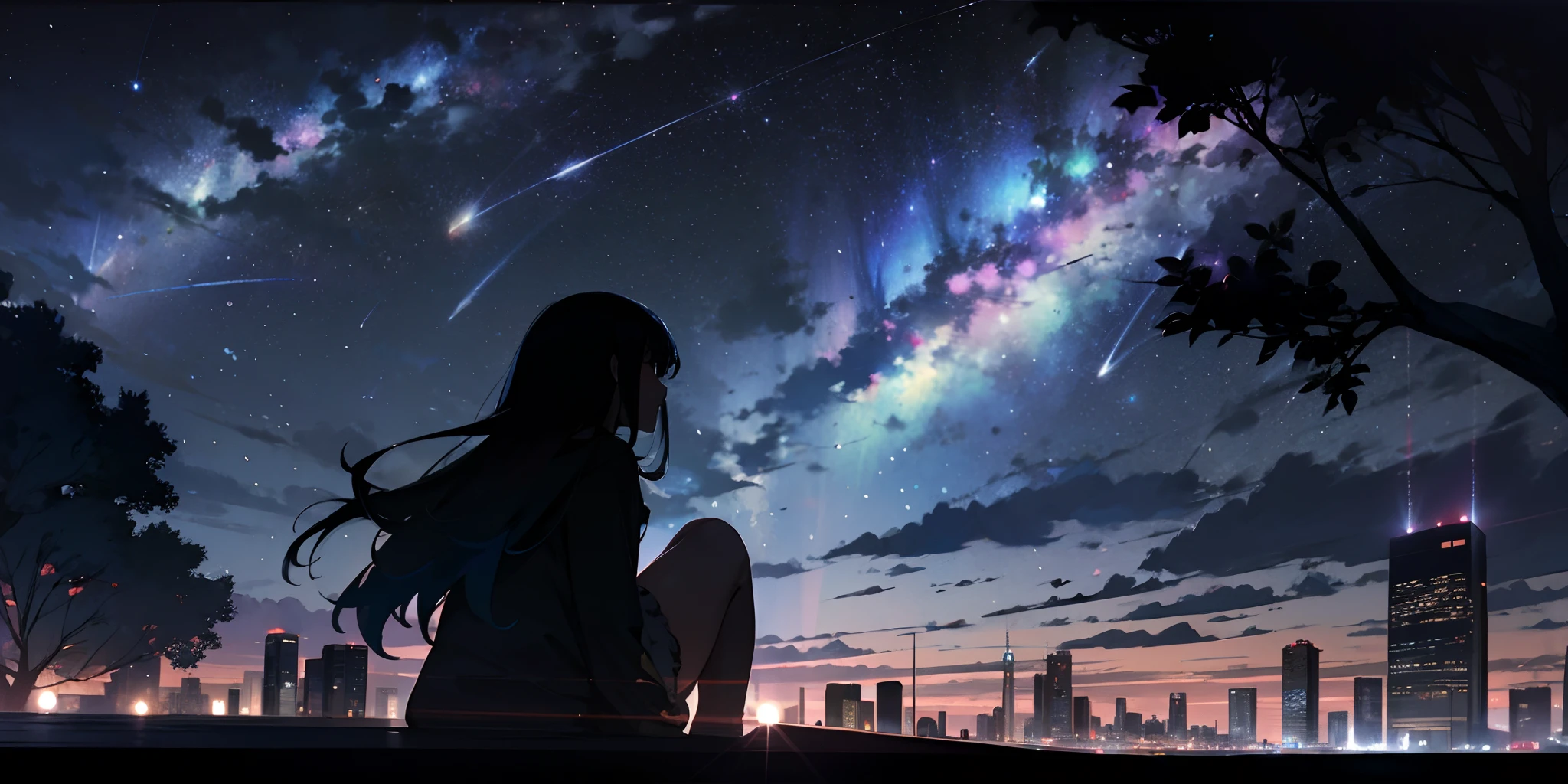 sky, star (sky), scenery, starry sky, night, 1girl, night sky, solo, outdoors, building, cloud, milky way, sitting, tree, long hair, city, silhouette, cityscape