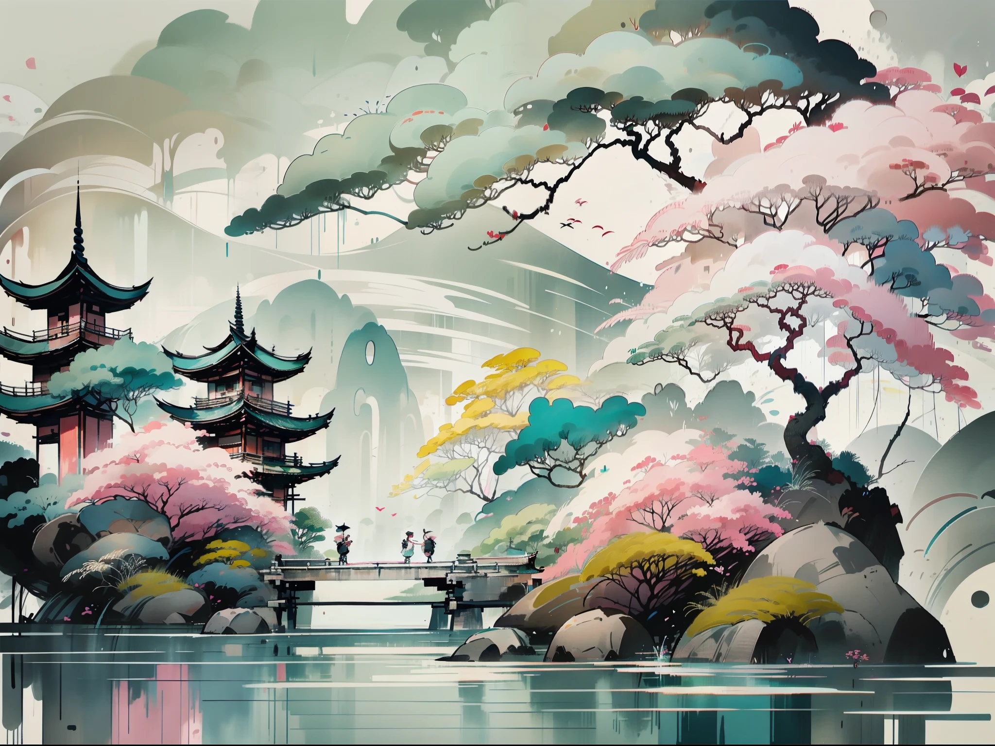 in pink，Valentine's Day，Love，An oriental landscape painting，Chinese Ancient Times，Extremely pure white background，dream magical，𝓡𝓸𝓶𝓪𝓷𝓽𝓲𝓬，old-fashioned，3D，8K，spotlight lights，extremely fine detail，Wabi-sabi style，