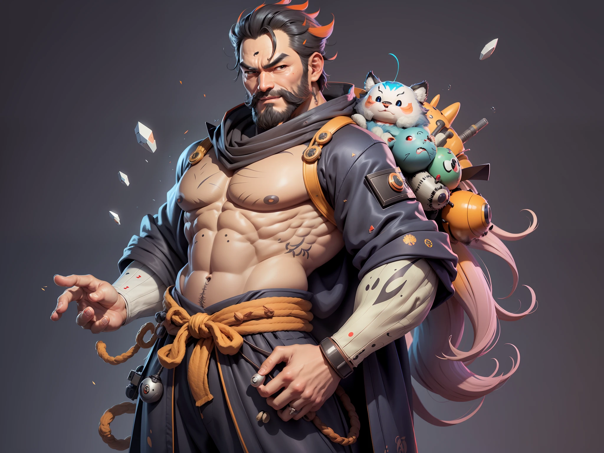 (Daisaku),(Need),(Super meticulous),(full bodyesbian:1.2),Super young man with Japanese geisha,Beautiful,orient,one tiger,Aeolian Thor,Raised sexy,爆乳,Oriental face,TV Anchor,Bust portrait illustration,In black suit,a blue tie,The face is slightly chubby,The face was clean,without a beard,Black super short hair,Black eyes,Smile confidently,3C computer sub-products,iPad, iphone,Digital painting,3D character design by Mark Clairen and Pixar and Hayao Miyazaki and Akira Toriyama,The illustration is a high-definition illustration in 4K resolution,With very detailed facial features and cartoon-style visuals。