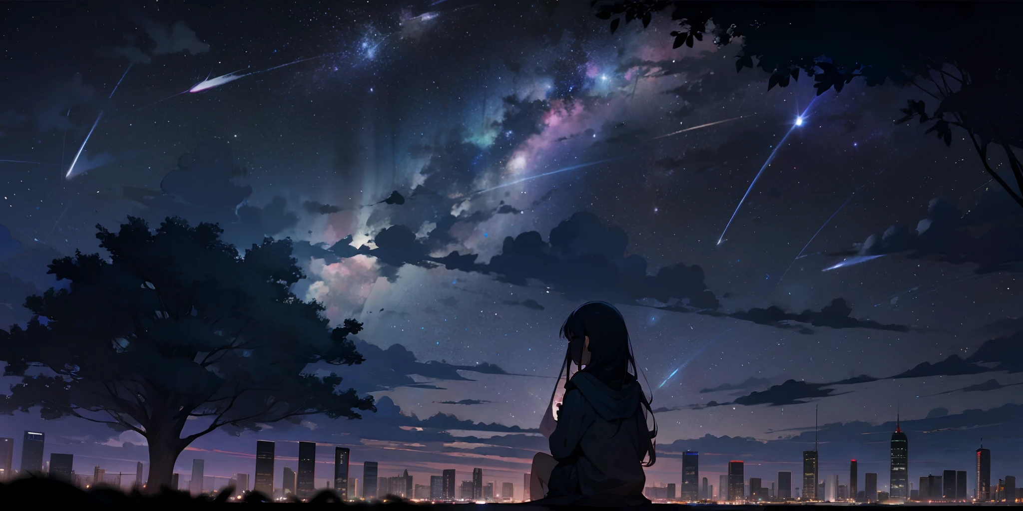 Anime Starry Sky,dark background,Anime girl sitting, Thoughtful and beautiful Looks at the Stars,mystical,Beautiful landscape,Breathtaking,About the beat Feels in the image,The scale of the painting is fascinating, 4k Wallpaper Images.