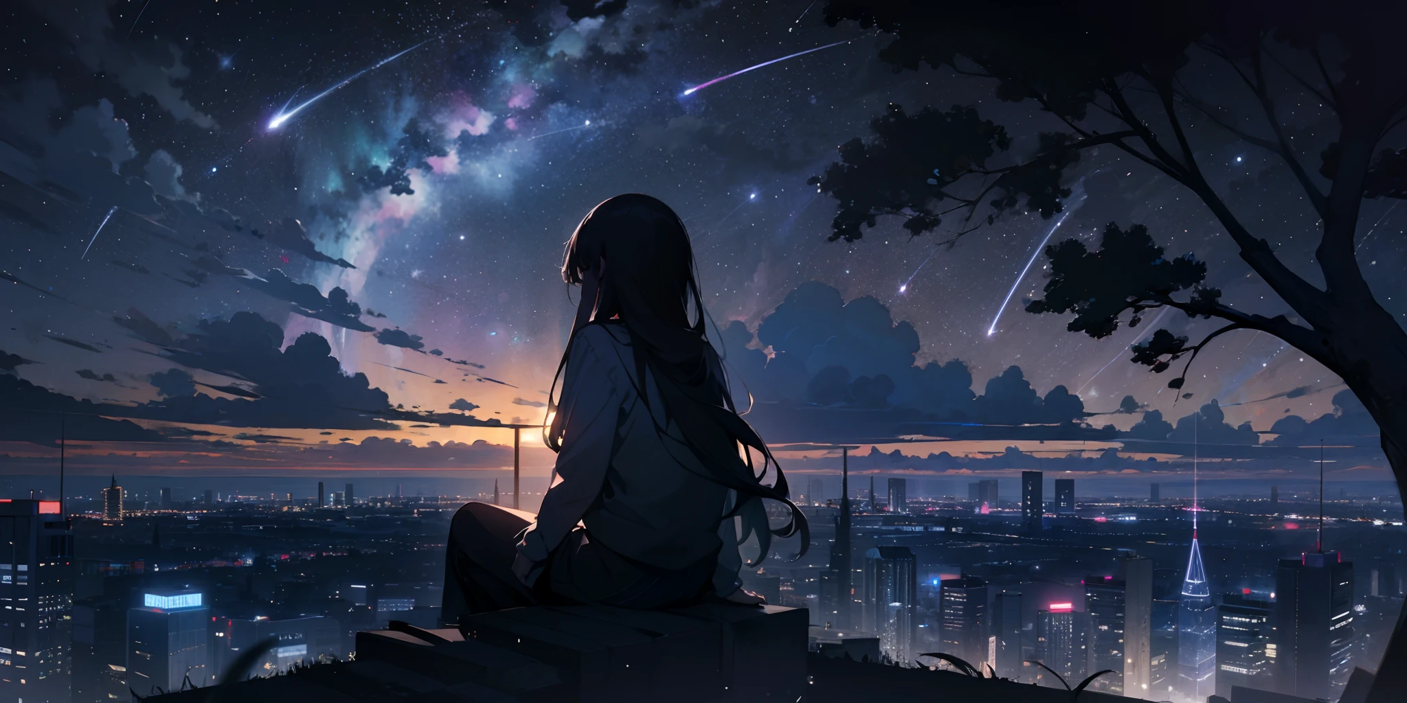 sky, star (sky), scenery, starry sky, night, 1girl, night sky, solo, outdoors, building, cloud, milky way, sitting, tree, long hair, city, silhouette, cityscape