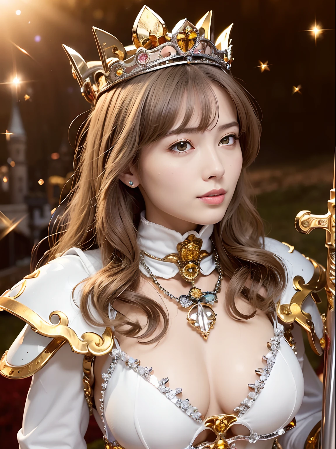 (masutepiece), Professional , ​masterpiece、top-quality、photos realistic , depth of fields （Gemstone Silver Metal Body:1.９),(Matte White、Particles of light、Jewel Gold Weapon、（Gorgeous castle background）、（White Micro Bikini）（Jewel Metal Body:1.４),Gorgeous Jewel Metal Weapons , Detailed Sword of the Brave ,（ Soldier background in metal armor）   ,warhammer 40k , adepta sororitas,Detail and ornate jewel crown、独奏、Black hair、（Gangle's forest background）、Beautiful Caucasian beauty、１a person、dynamic ungle,(((Diamond tiara with detail and luxury)))、a small face、A smile、Powerful poses、（Gorgeous castle background）、huge-breasted、20 year old beautiful woman、Stand in the center of the screen、Thin female fingers、Seductive look、smaller head、