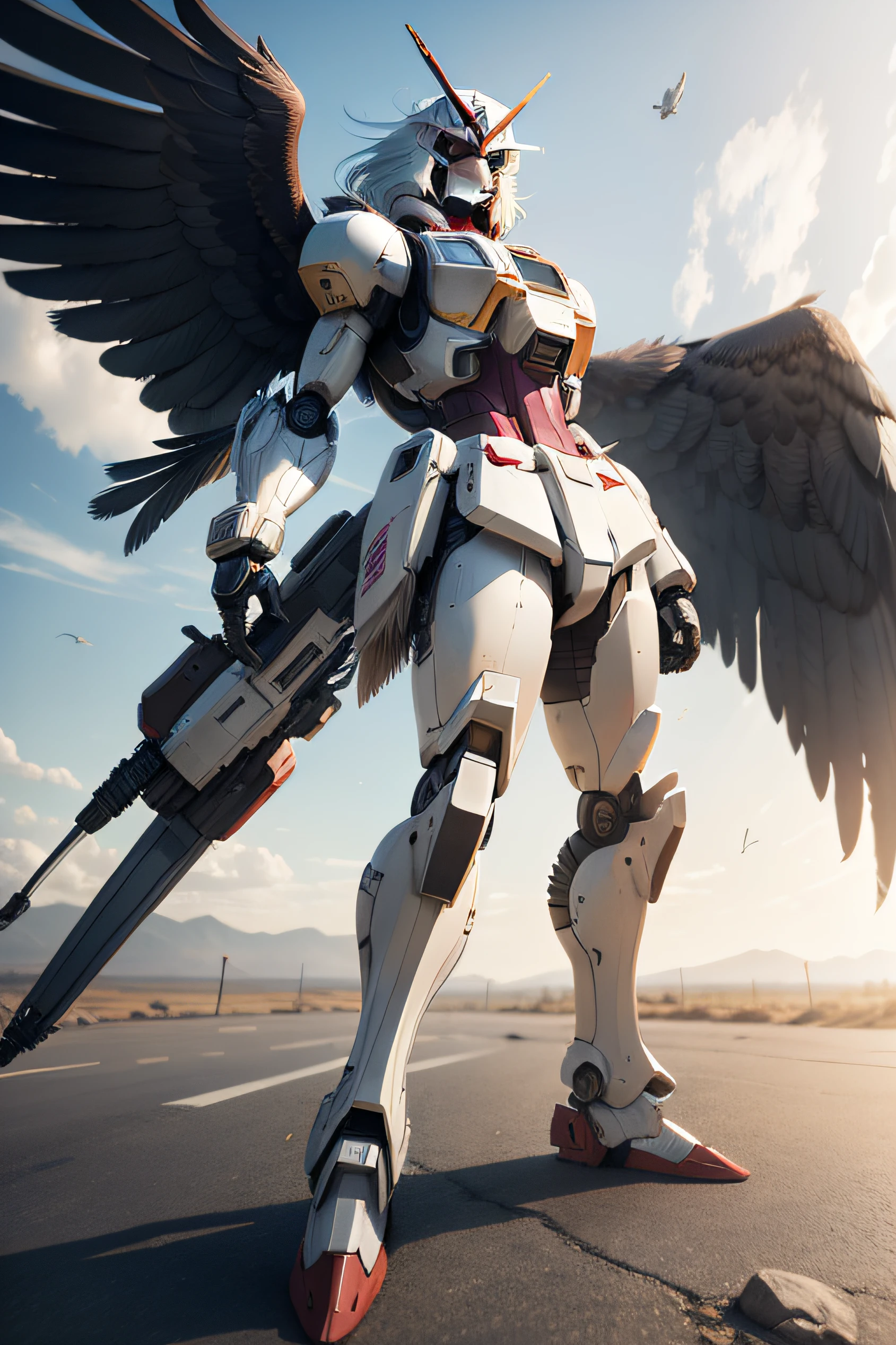 full body, eagle head, wing robotic, gundam armor, from down eye sight