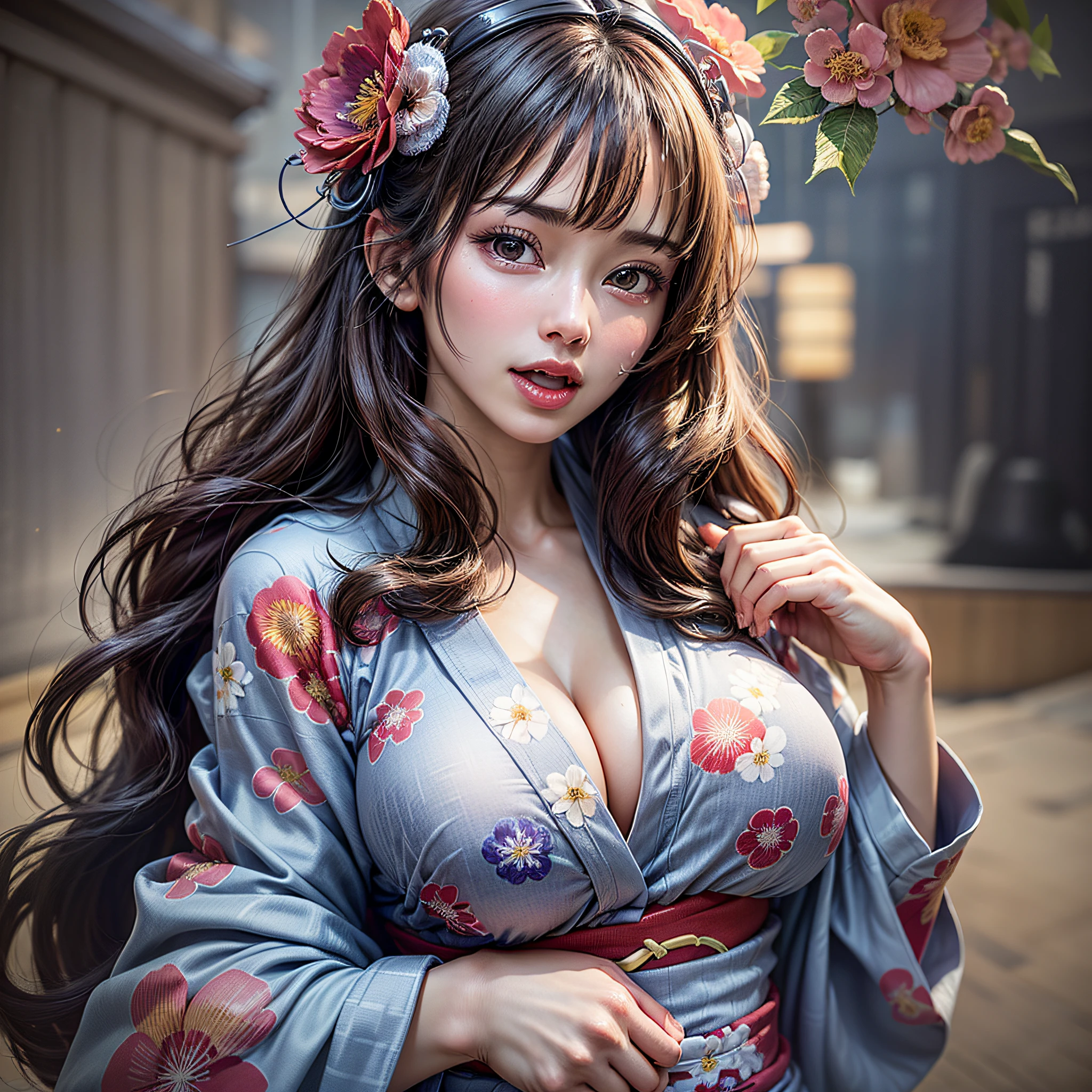 1 beautiful girl, Beautiful girl of the highest grade, Open mouth slightly, Realistic, extremely detailed CG unified 8k wallpaper, ighly detailed, High-definition raw color photos, professional photograpy, Realistic portrait, Cinematic Light, Beautiful detailed, (Big breasts:1.5), (cleavage of the breast:1.2), (Bare shoulders), (Floral yukata with wide open chest:1.5), bared  chest, Outdoors, Night, (Best Quality:1.4), Super Detail, High quality, masterpiece