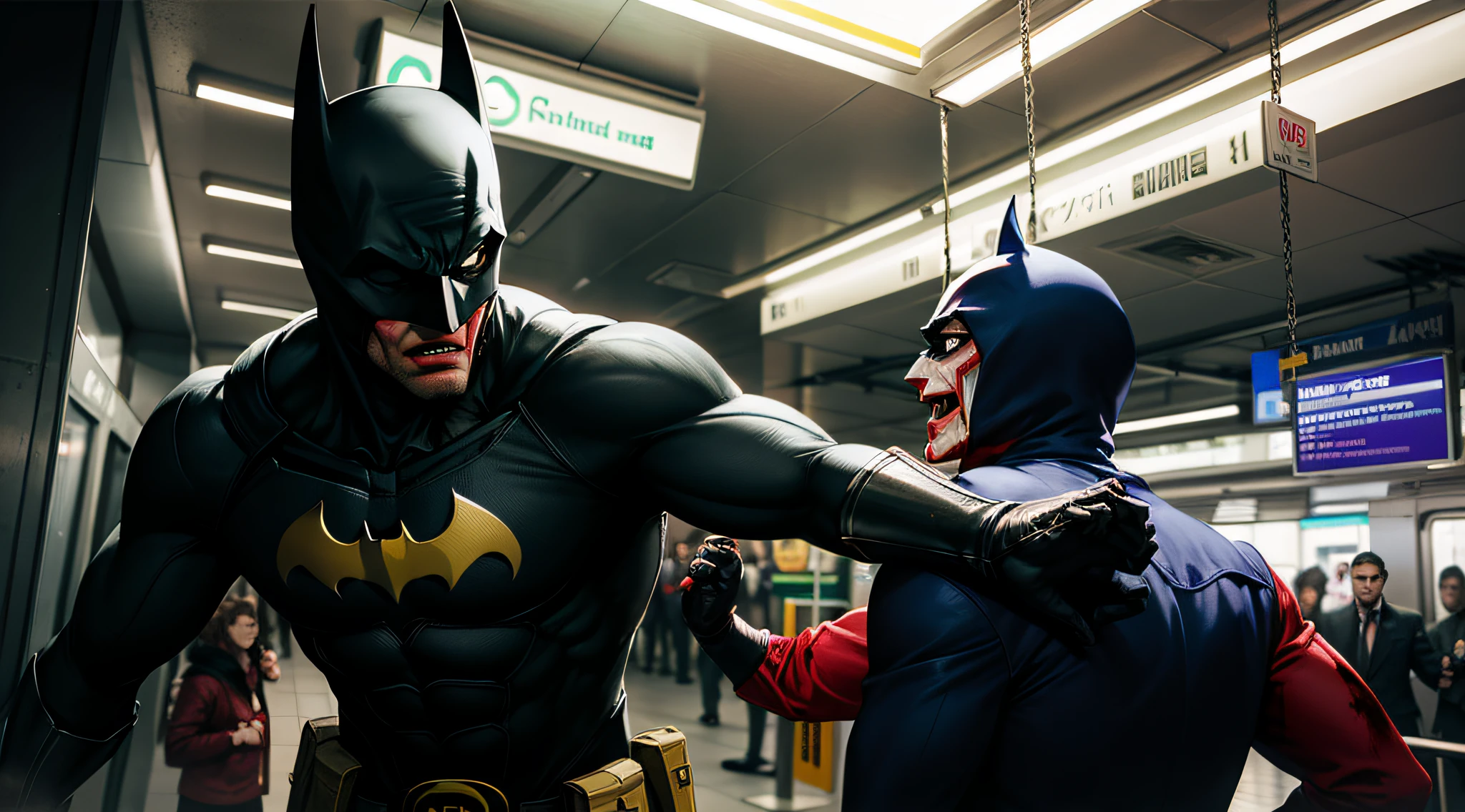 Batman, covered in blood, beats the Joker at the subway station