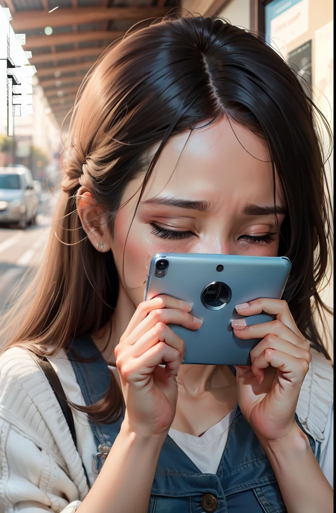 Please draw a picture：Woman holding her phone watching a blessing video，I was so moved that I covered my mouth with my hands，Teary eyes，without mask