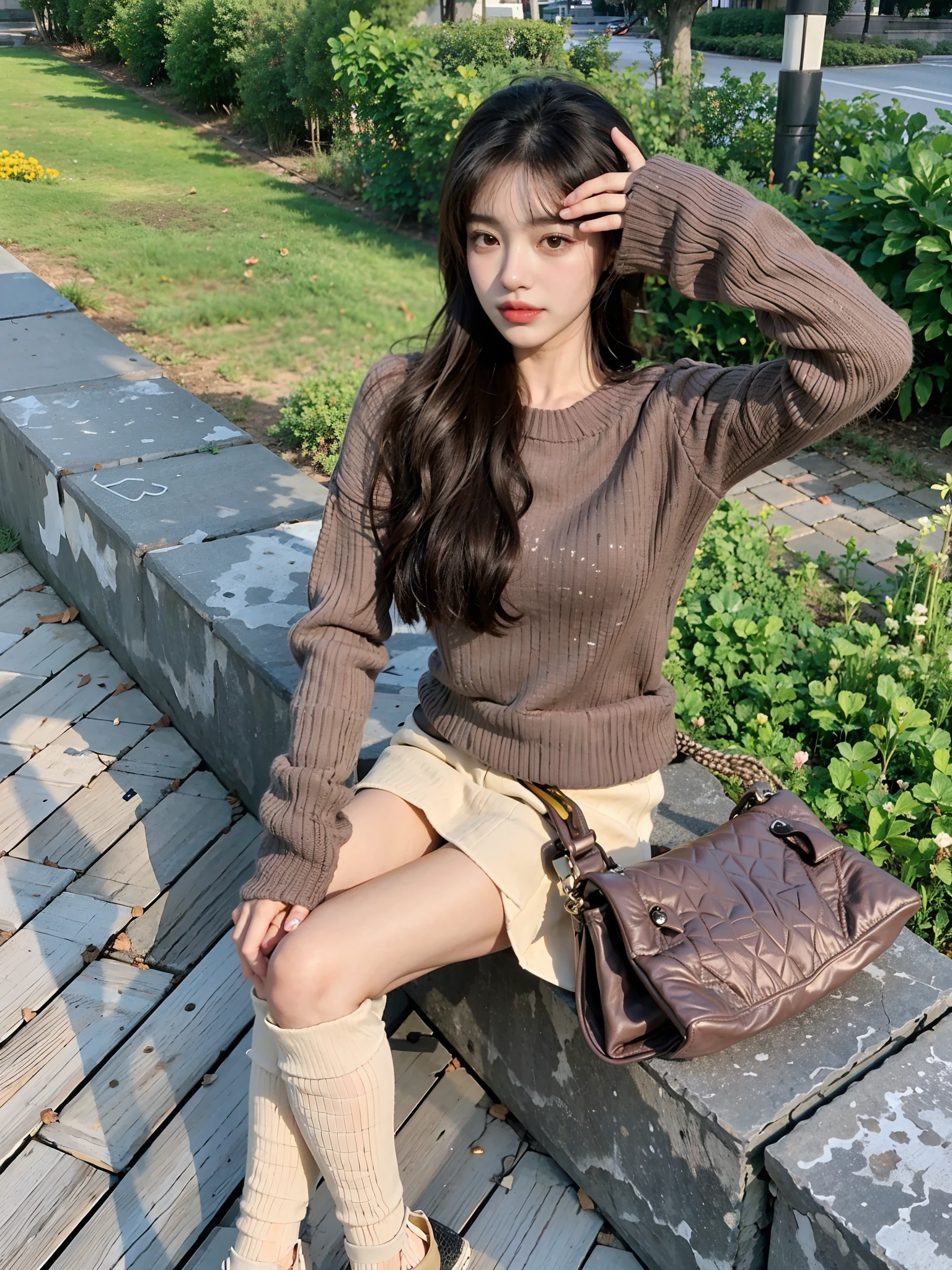 Alafi sat on the bench，Holding a purse and handbag, bae suzy, chiho, ulzzangs, Choi Hyun-hwa, sakimichan, brown hair and bangs, 🤬 🤮 💕 🎀, Brown hair long，By bangs, sat on the ground, shikamimi, brown  hair，By bangs, kiko mizuhara, sun yunjoo