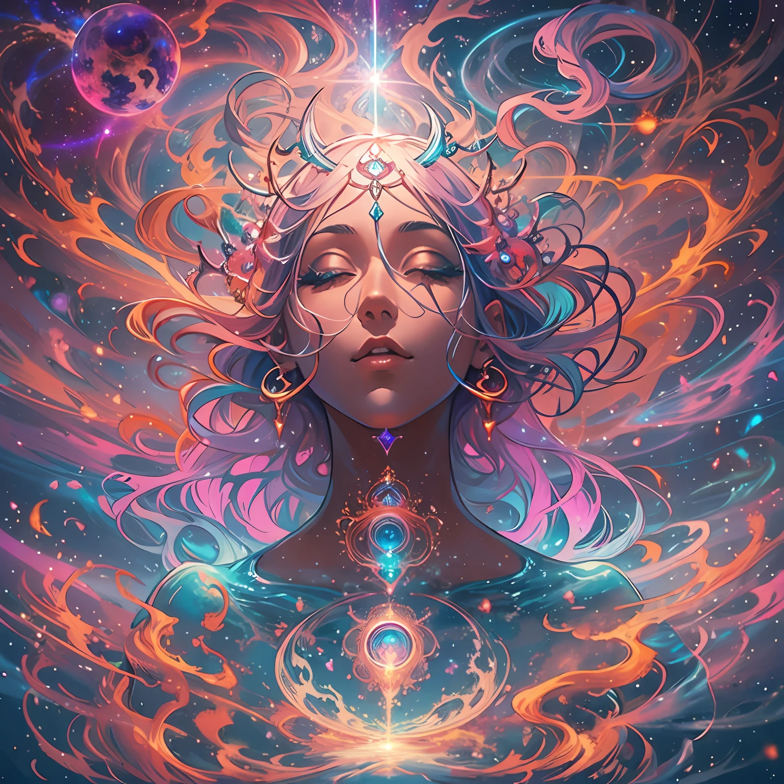 Diving Into The Ether Flowing with The Eternal Soul Through Vibration of love, everything is connected, Flowing energy, Spiritual, divine, dreamlike, cosmic, concept art, mind blowing, feminine beauty, god, pineal gland, dreamlikeart