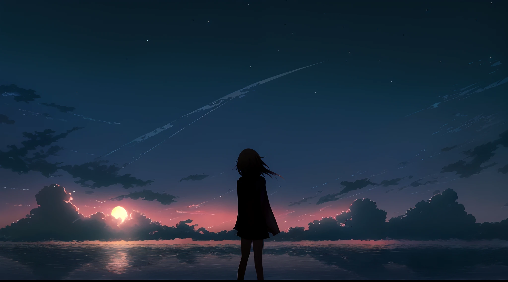 Anime girl looking at the sky at night，The background is the moon, 4K anime wallpaper, Makoto Shinkai Cyril Rolando, Anime art wallpaper 8 K, Cosmos Sky. By Makoto Shinkai, Anime girl walking on water, watching the sunset. anime big breast, Anime art wallpaper 4k, Anime art wallpaper 4 K, Anime wallpaper 4K