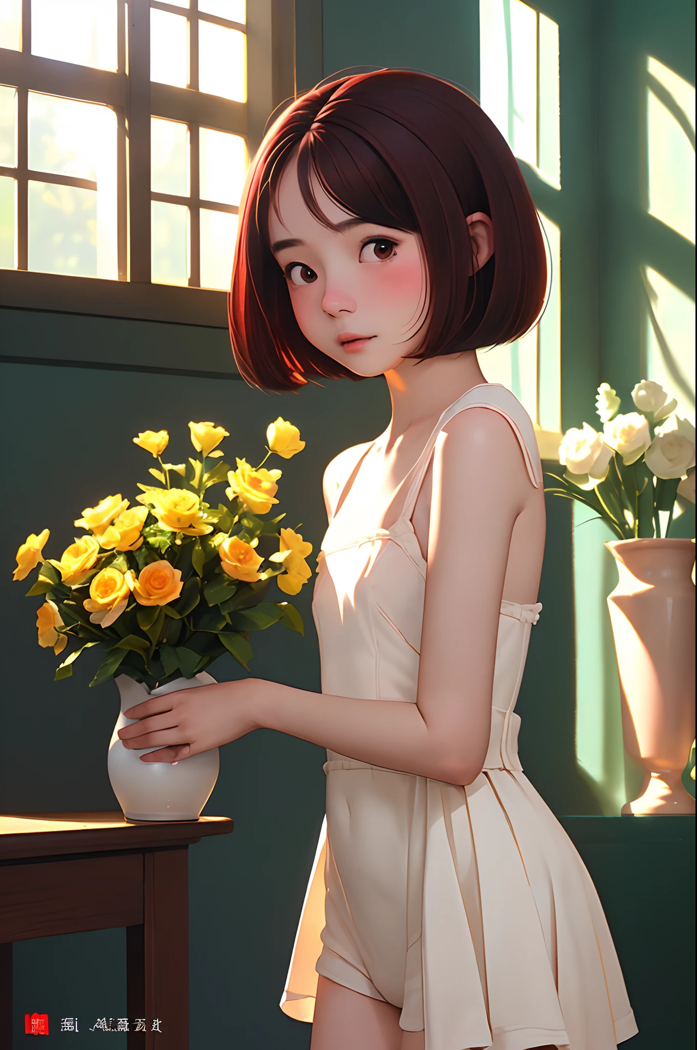 (top-quality、masterpiece)、1womanl、20yr old、intricate detailes、Look at viewers、sunlight from windows、red blush、bangss、is standing、poster for、((A dark-haired))、(((short hairstyle)))、((Photoquality))、vases