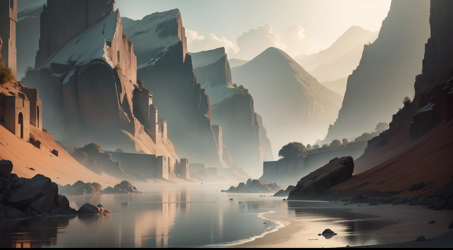 A riverside view, deep water, in a valley, no trees, besides a street, gloomy surroundings, barren land, dead land, highly detailed, 8k