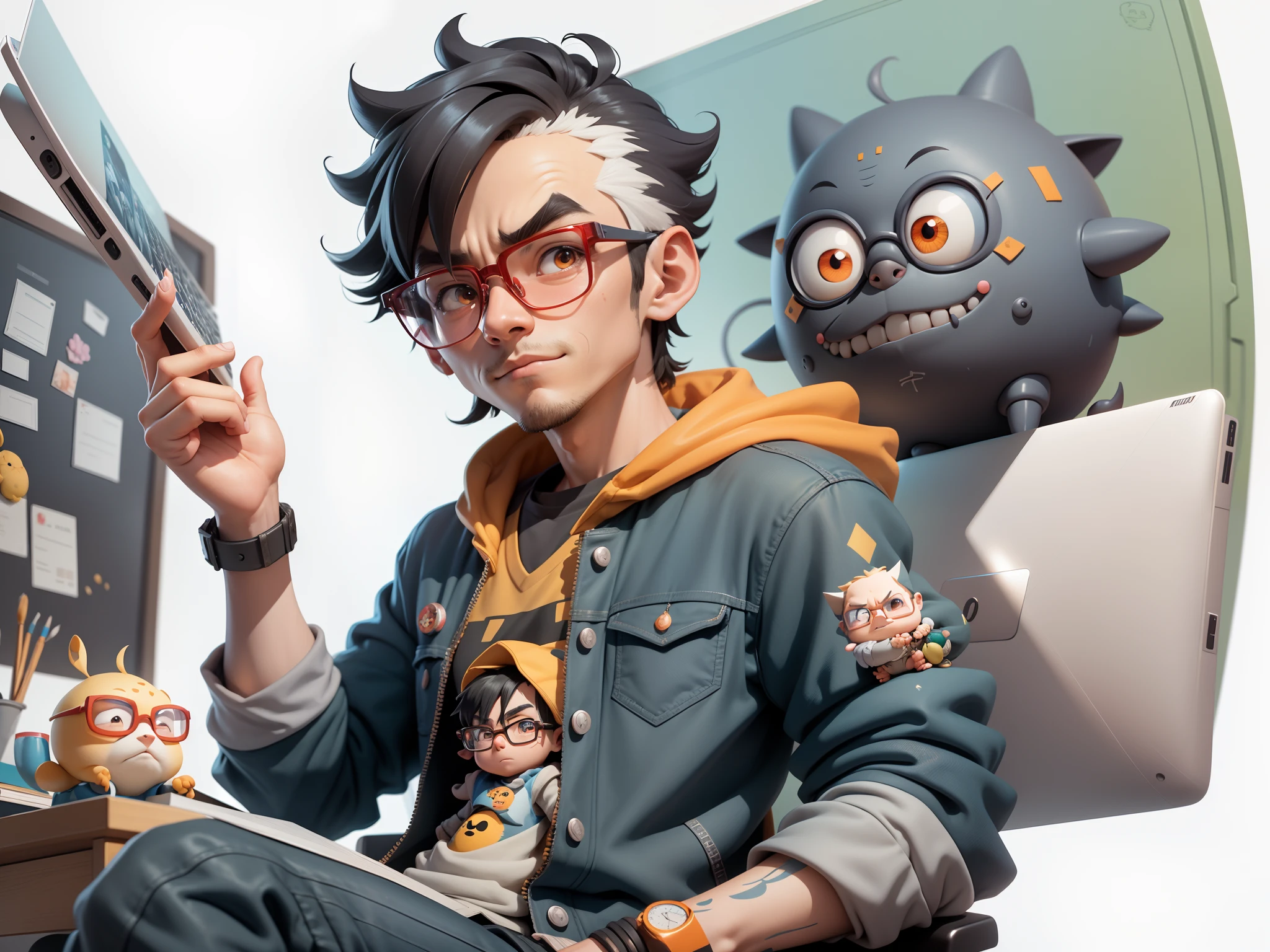 A young man with glasses sits at his desk,holding laptop,digitial painting,3D character design by Mark Clairen and Pixar and Hayao Miyazaki and Akira Toriyama,4K HD illustration,Very detailed facial features and cartoon-style visuals。