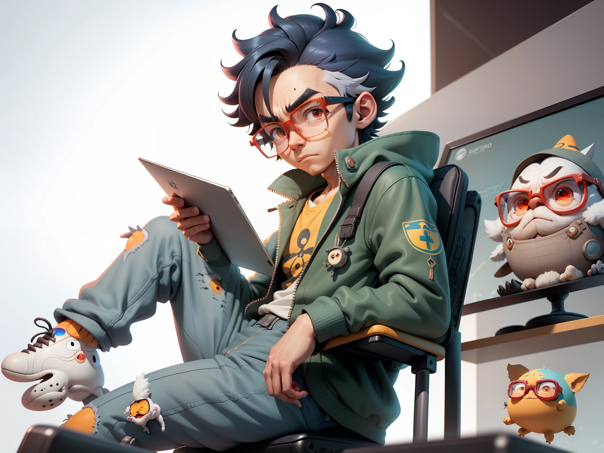 A young man with glasses sits at his desk，holding laptop，digitial painting，3D character design by Mark Clairen and Pixar and Hayao Miyazaki and Akira Toriyama，4K HD illustration，Very detailed facial features and cartoon-style visuals。