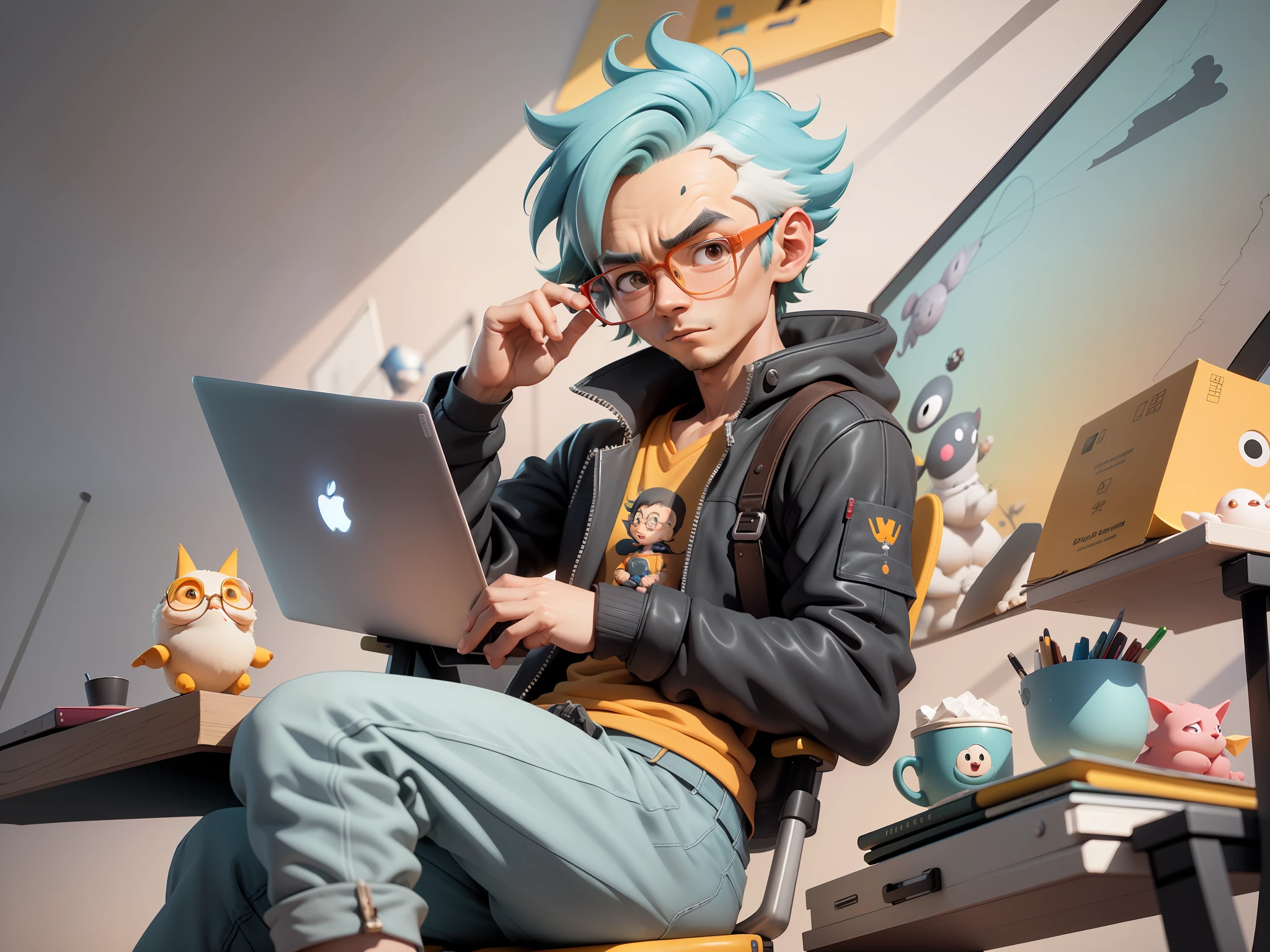 A young man with glasses sits at his desk,holding laptop,digitial painting,3D character design by Mark Clairen and Pixar and Hayao Miyazaki and Akira Toriyama,4K HD illustration,Very detailed facial features and cartoon-style visuals。