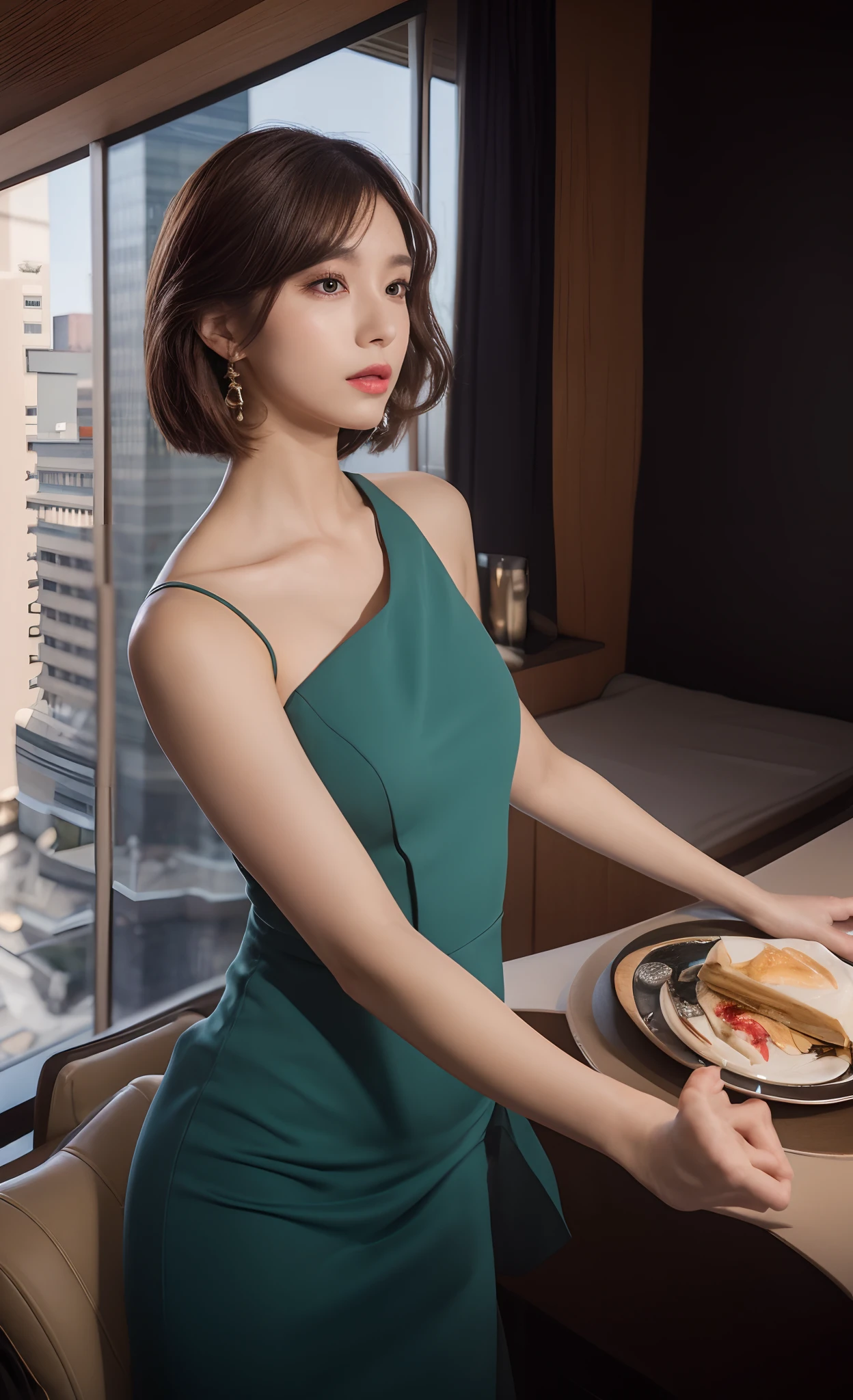 ((Realistic lighting, Best quality, 8K, Masterpiece: 1.3)), Clear focus: 1.8, 1 Pretty girl, ((Idol KPOP: 1.3)), Perfect beauty: 1.4, Slim abs: 1.1, ((dark brown hair)), exquisite facial features, white body dress, fantasy XIV, White short skirts, slim figure, (indoor, Night: 1.3), Five star Hotel view, Super fine face, Fine eyes, Double eyelids,