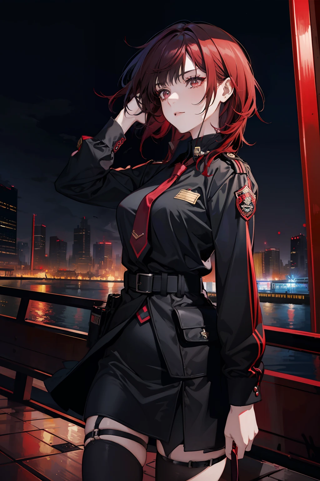 1 girl, solo, dark red hair, badass girl, seductive, city night background, black outfit, different hairstyle, short and long hair, handcuffs, cop, police uniform