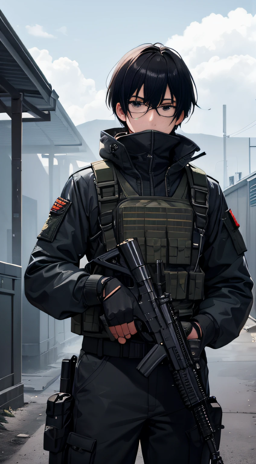 Male special forces，Dark military uniform,  Man in goggles, The facial features are tough and handsome, Delicate facial features，Exquisite military uniform， Hold a gun in both hands，Assault rifle QBZ, 8K digital painting, High-quality fanart,  Detail art style，The lens gazes, The upper part of the body，stereograms, tachi-e, angle of view, Atmospheric perspective, first person perspective, 8K, Super detail, ccurate, Best quality, hyper HD, Textured skin, Super detail, High details, A high resolution, 1080p