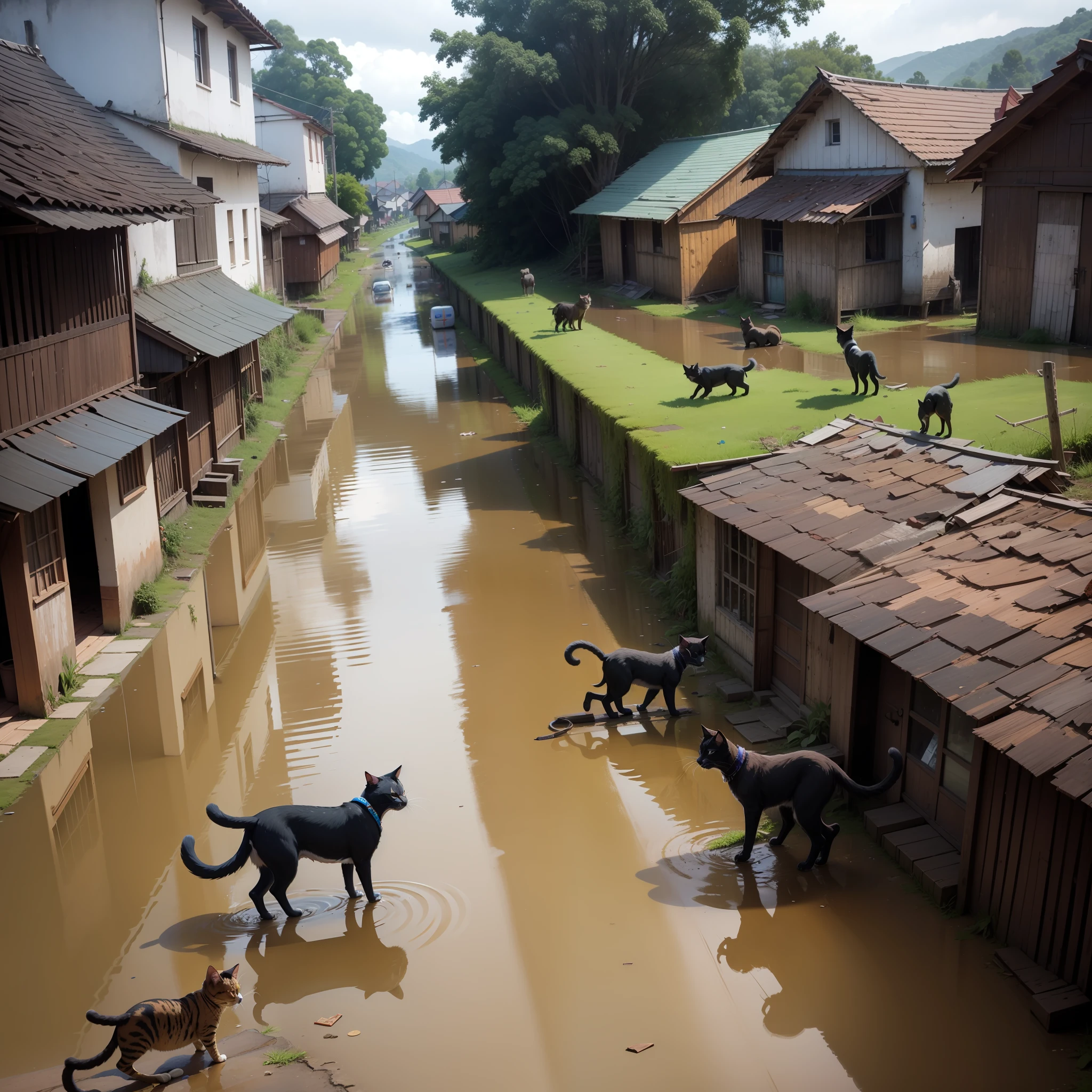 Village washed-out road, after the rain, around wooden dilapidated houses, cats and dogs running around