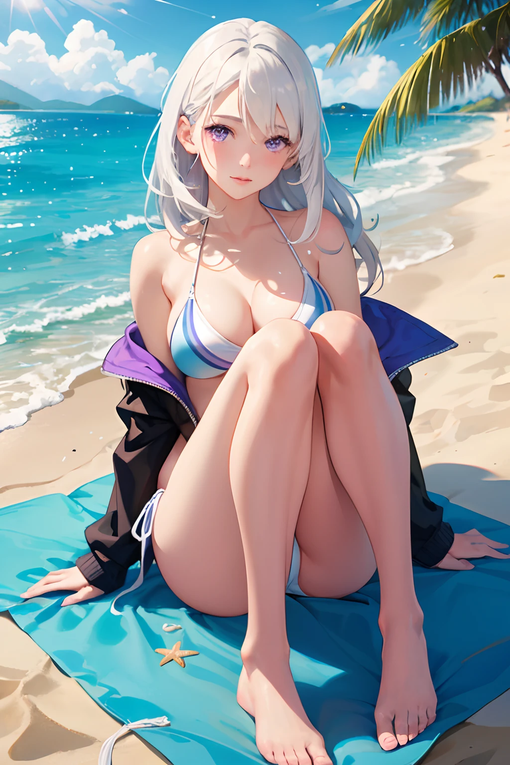 "realistic depiction of a girl with white hair and purple eyes in a bikini, enjoying a sunny beach day, surrounded by mesmerizing light particles and rays of sunshine. The girl is sitting on the beach, with her hands gently resting on the sand and her knees close together, creating a captivating point of view from the front."