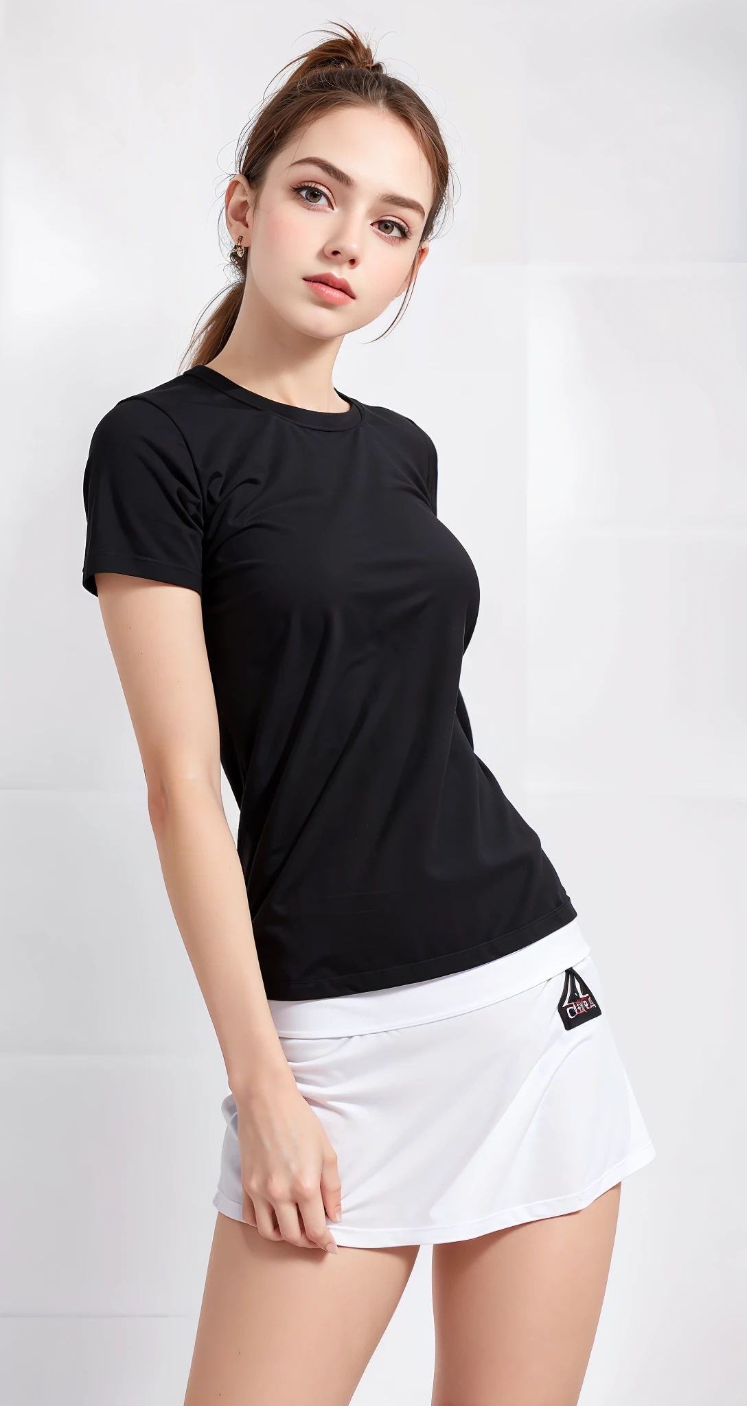 uma mulher linda de top preto e saia branca posando para uma foto, mangas curtas, tampo preto, camiseta preta, roupas esportivas, saia curta, usando uma saia curta esportiva, saia curta tem, camisa preta, usando roupas sexy, mini saia sexy, minissaia, camiseta esportiva, vestindo camiseta preta, camiseta, T - Camisa, camisa preta, roupas esportivas, tennis wear, Camiseta, T-shirt preta, camiseta preta
