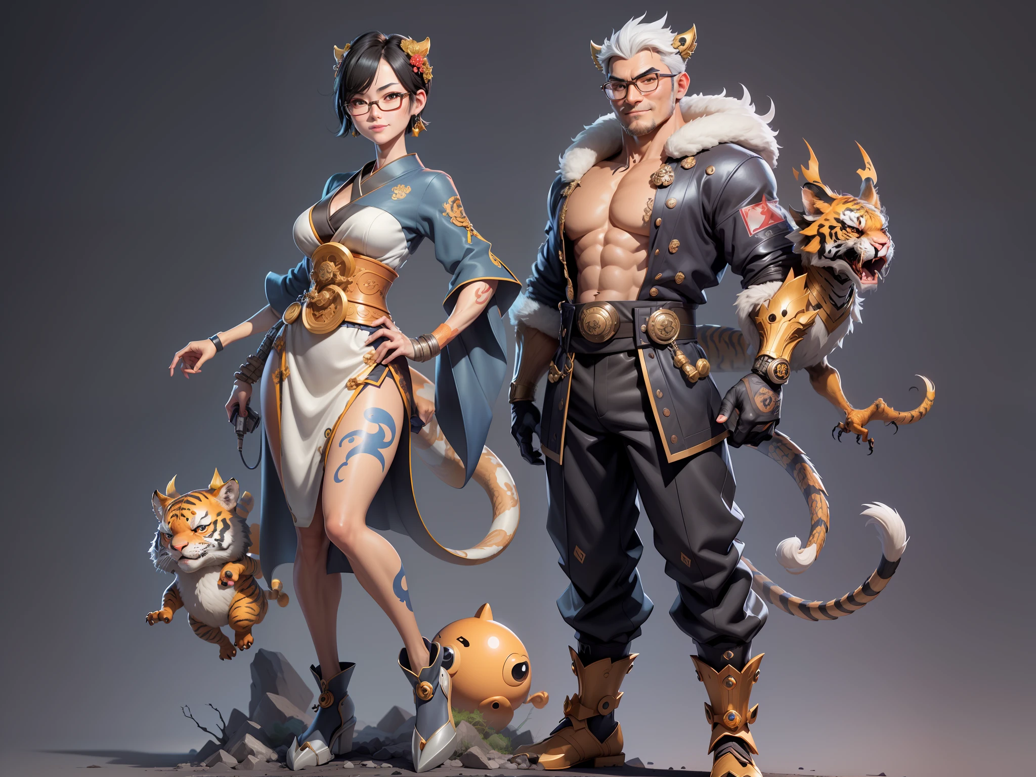 (Masterpiece), (Excellent), (Super Meticulous), (Full Body: 1.2), Super Young Man with Japanese Female Geisha, Pretty, Beautiful, Chinese Dragon, Tiger, Wind God Thor, Sexy, Bursting, Oriental Face, TV Anchor, Bust Portrait Illustration, Black Suit, Blue Tie, Slightly Chubby Face, Silver Glasses, Very Clean Face, No Beard on Chin, Black Super Short Hair, Black Eyes, Confident Smile, 3c Computer Sub-Products, iPad, iPhone, Digital Painting, 3D character design by Mark Clairedon and Pixar and Hayao Miyazaki and Akira Toriyama, the illustrations are HD illustrations in 4K resolution with highly detailed facial features and cartoon-style visuals.