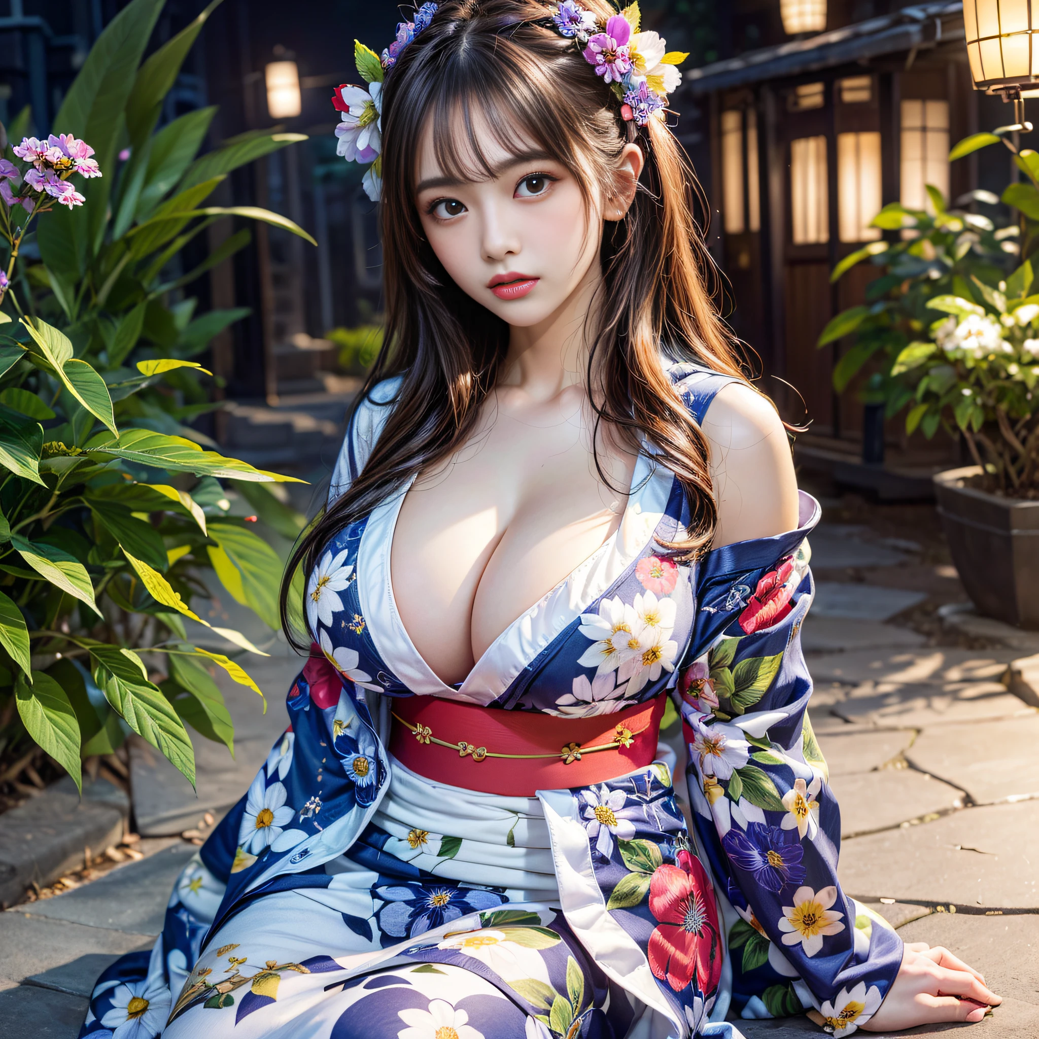 (2girl:1.5), Beautiful girl of the highest grade, Open mouth slightly, Realistic, extremely detailed CG unified 8k wallpaper, ighly detailed, High-definition raw color photos, professional photograpy, Realistic portrait, Cinematic Light, Beautiful detailed, (Big breasts:1.5), (cleavage of the breast:1.2), (Bare shoulders), (Floral yukata with wide open chest:1.5), bared chest, Outdoors, Night, (Best Quality:1.4), Super Detail, High quality, masterpiece