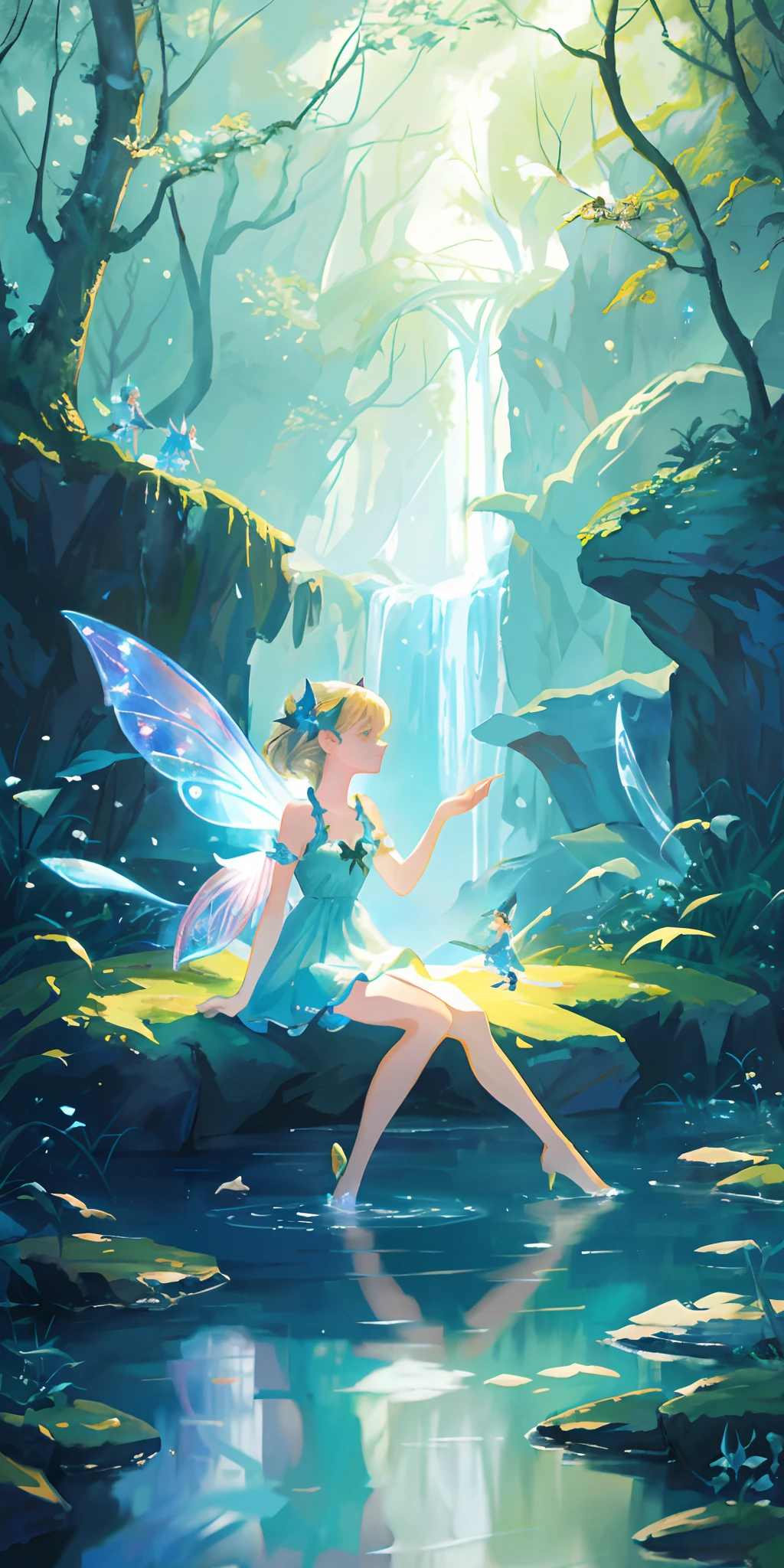 There are fairies sitting on rocks in the water, Beautiful fairy, A beautiful artwork illustration, Fantasy art style, portrait of fairy, water fairy, portrait of a fairy, Beautiful digital illustration, fairy cgsociety, Beautiful digital artwork, Anime fantasy illustration, magical fairy background, forest fairy, Cute detailed digital art, Fairy, beautiful adult fairy, faeries
