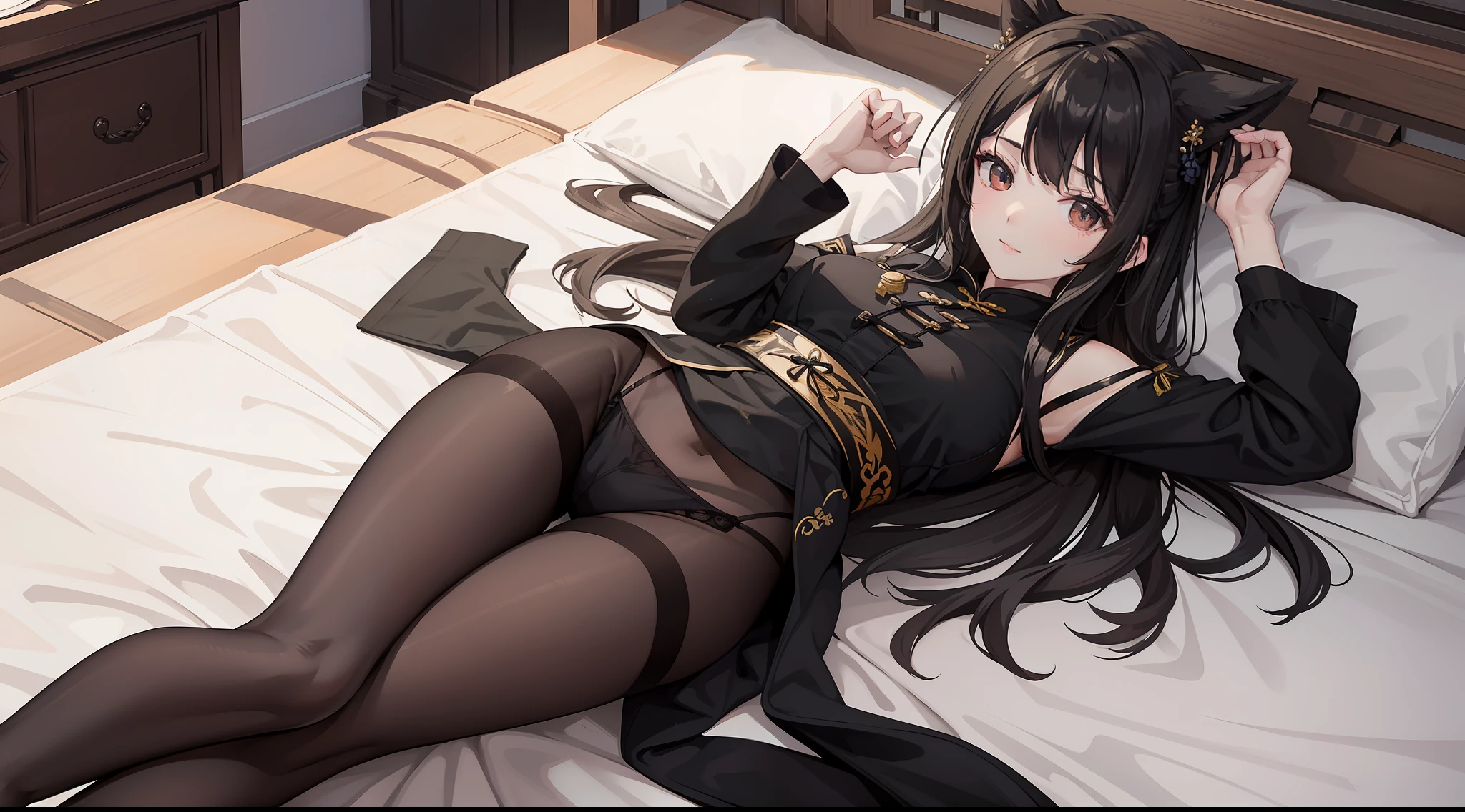 hoang lap,A high resolution,ultra - detailed,photo-realistic(1girll:1.3),handpainted,Simple lines,-yeld giwearing black Chinese Hanfu,beuaty girl,,tmasterpiece,Lie down in bed,black pantyhoses,black pantyhoses,ssmile,looking toward the viewer,Large round chest,Gestures are natural,Raised sexy
