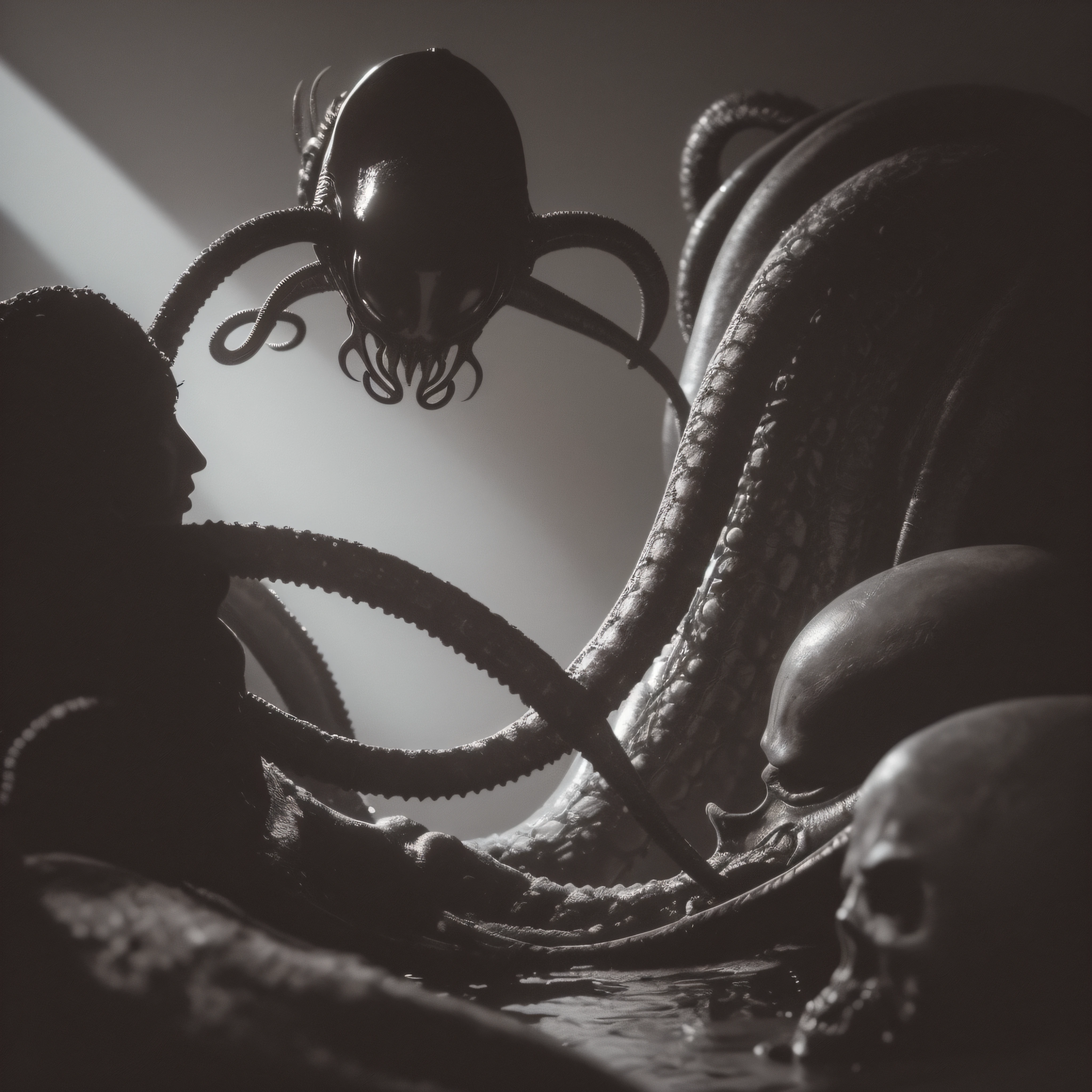 (extremadamente detallado, obra maestra, La mejor calidad), Estilo oscuro, intense illumination, rostro con arrugas, lengua larga, tentacle, deforme, monstruoso, interior de una piscina de agua verdosa, imagen submarina, alien con Colmillos finos, pico de pulpo amenazante. manchas de tinta. Rococo composition. Luz de caravaggio