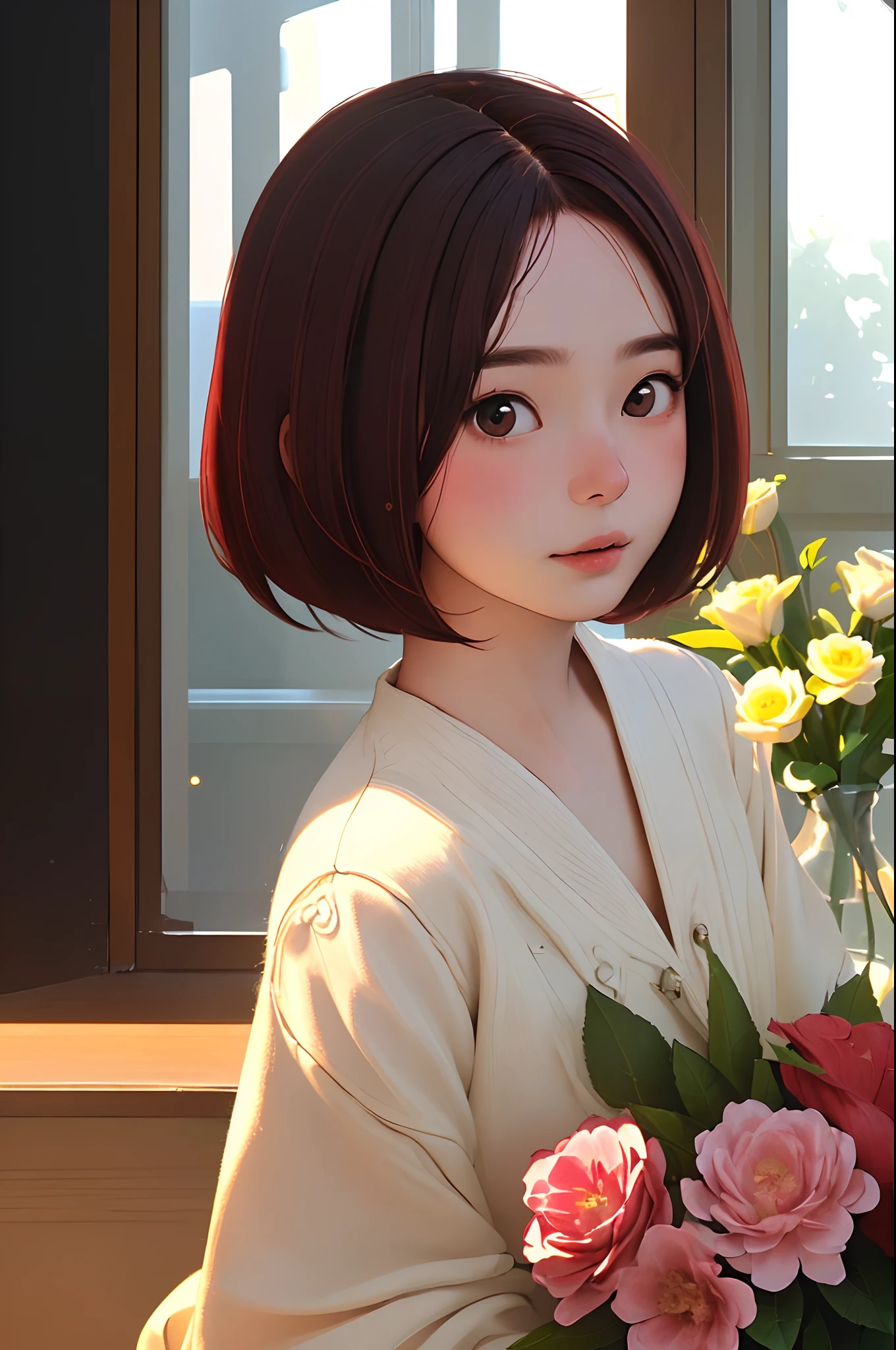 (top-quality、masterpiece)、1womanl、20yr old、intricate detailes、Look at viewers、sunlight from windows、red blush、bangss、is standing、poster for、((A dark-haired))、(((short hairstyle)))、((Photoquality))、vases