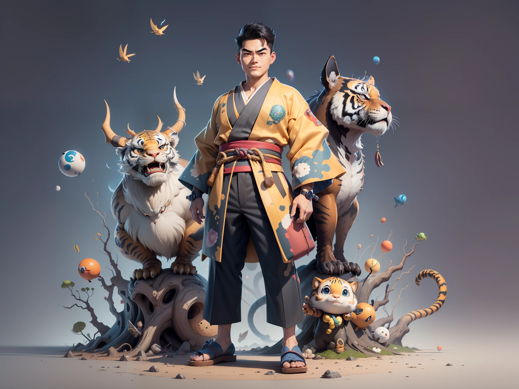 (Masterpiece), (Excellent), (Super Meticulous), (Full Body: 1.2), Super Young Man, Oriental Face, Japanese Kimono, Japanese Wind Thunder God, Dragon, Tiger, TV Anchor, Bust Portrait Illustration, Alone, Black Suit, Blue Tie, Slightly Chubby Face, Very Clean Face, No Beard, Black Super Short Hair, Black Eyes, Confident Smile, 3c Computer Sub-Products, iPad, iPhone, Digital Painting, 3D Character Design by Akira Toriyama and Mark Claireden and Pixar and Hayao Miyazaki, The illustration is a high-definition illustration in 4K resolution with very detailed facial features and cartoon-style visuals.