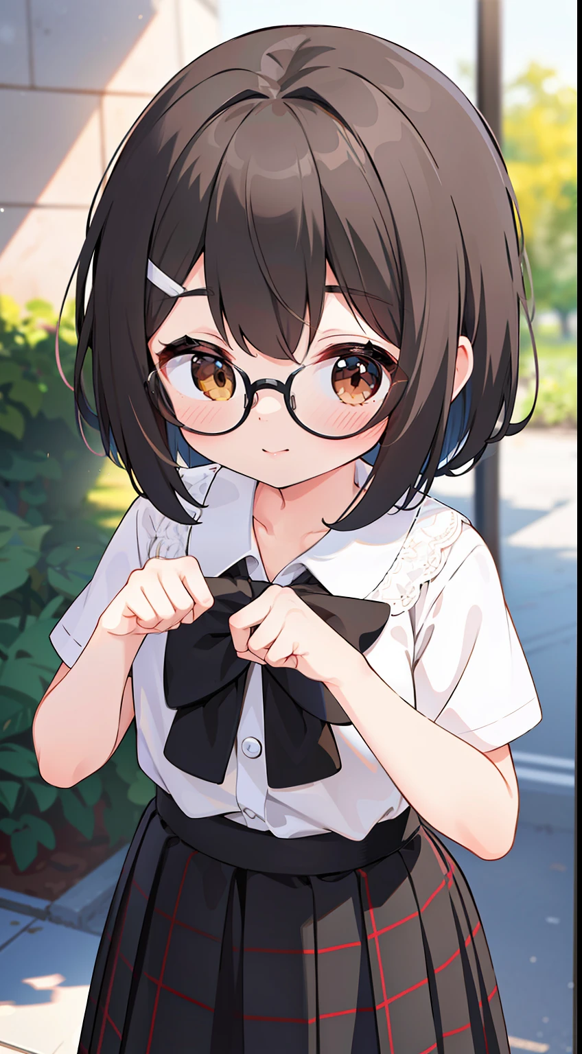 (girl with、a 、A dark-haired、short-hair、straight haired、Light brown eyes、hair adornments、wearing black glasses、cute face)、masterpiece、best qualtiy、Naked apron