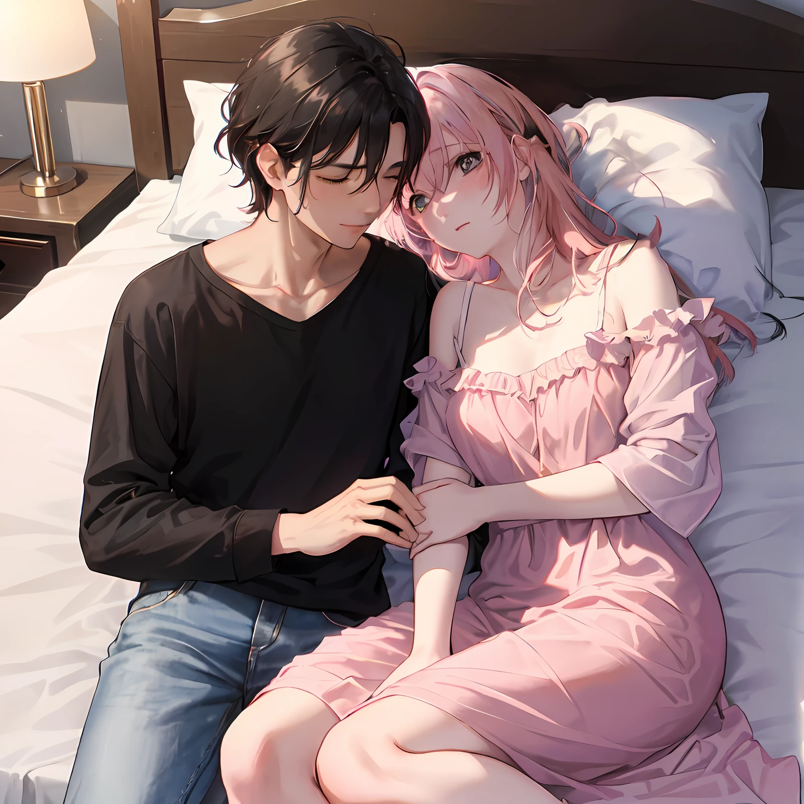 They sat together on a bed，Look at each other, sakimichan and frank franzzeta, Guviz-style artwork, frank franzzeta and sakimichan, ben maier and sakimichan, WLOP and Sakimichan, realistic anime artstyle, Guviz, nixeu and sakimichan