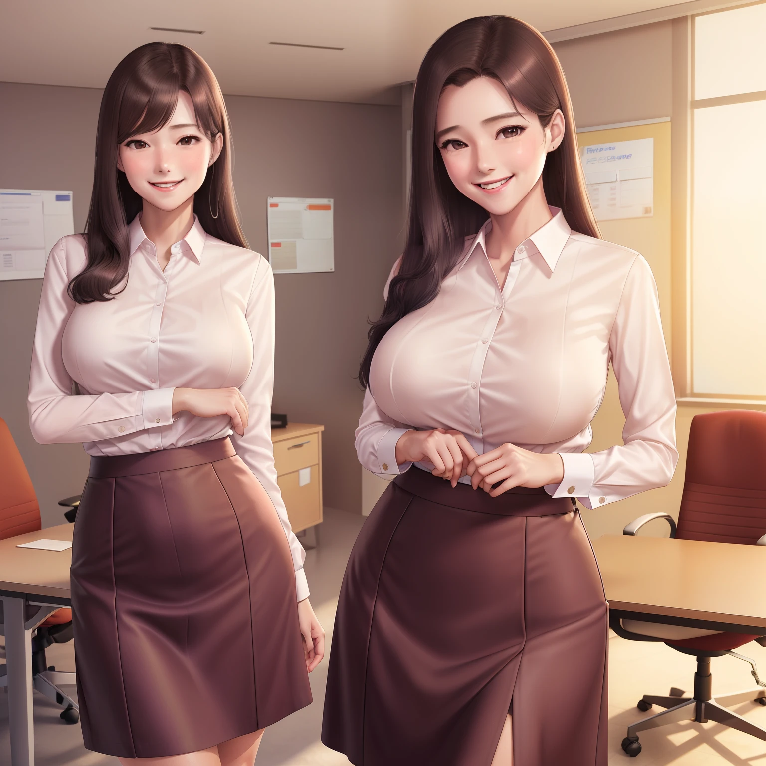 girl,office lady assistant, he tall,sexy pose office lady assistant,long wet brown hair,super big breast,(P cup),age 18,cheerfull,happy and smile detailed face,sexy office lady assistant long wet shirt, and skirt outfit,full body,red peach lips,cleanning on my office,her nose and cheek was red in home,