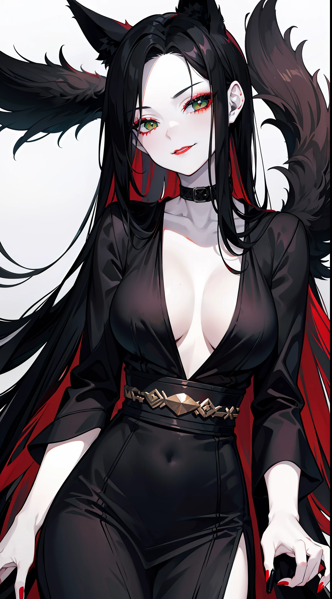 Adult woman, pale skin, Long black hair, Fox ears, Green eyes, red eyeshadow, red lipstick, Black Magic Dress, open breasts, smirk, Masterpiece, hiquality
