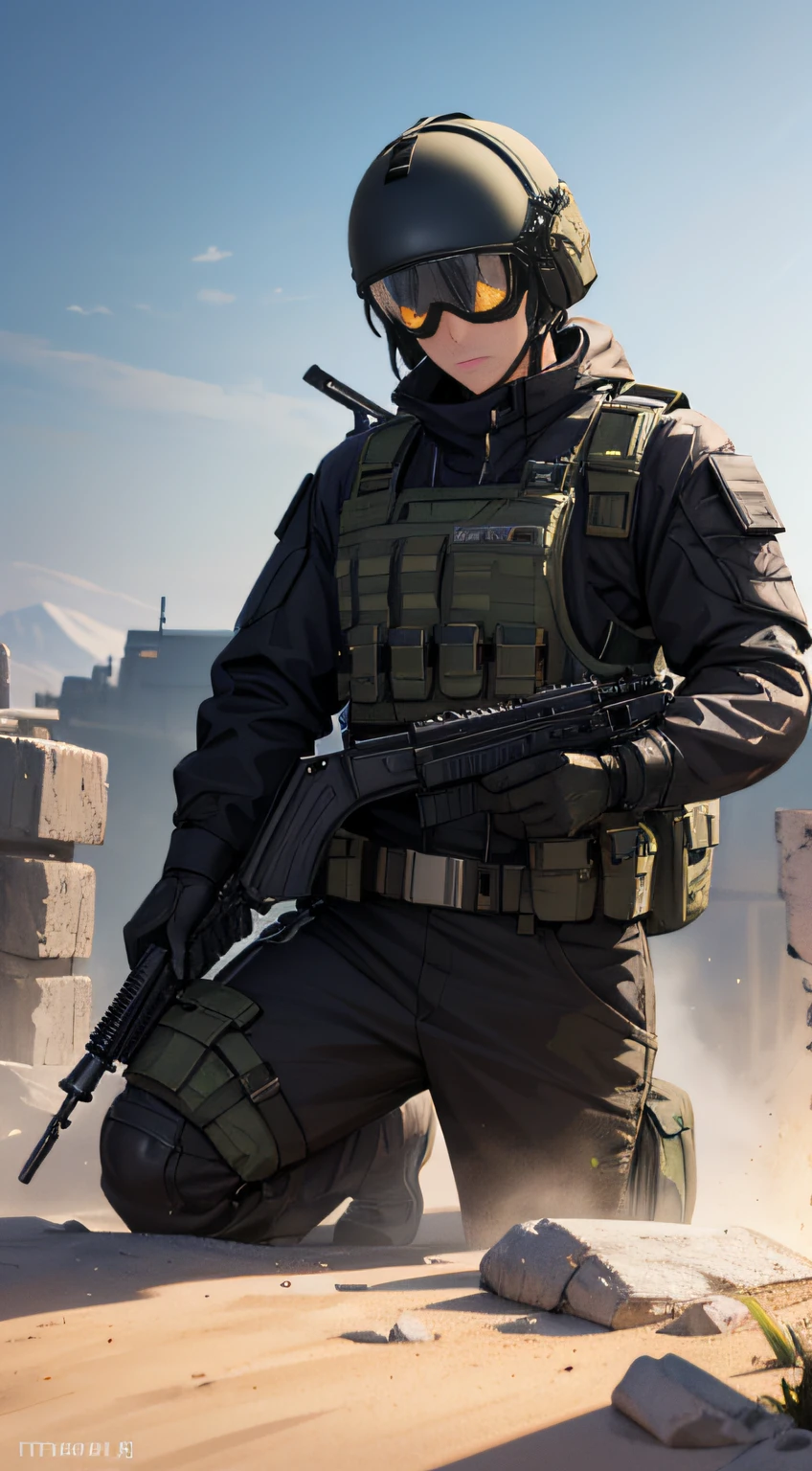 Male special forces，Dark military uniform,  Man in goggles, The facial features are tough and handsome, Delicate facial features，Exquisite military uniform， Hold a gun in both hands，Assault rifle QBZ, 8K digital painting, High-quality fanart,  Detail art style，The lens gazes, The upper part of the body，stereograms, tachi-e, angle of view, Atmospheric perspective, first person perspective, 8K, Super detail, ccurate, Best quality, hyper HD, Textured skin, Super detail, High details, A high resolution, 1080p