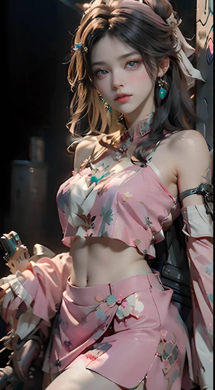 ((best qualtiy)), ((tmasterpiece)), (the detail:1.4), 3D, A beautiful cyberpunk female image,hdr(HighDynamicRange),Ray traching,NVIDIA RTX,Hyper-Resolution,Unreal 5,Subsurface scattering、PBR Texture、post-proces、Anisotropy Filtering、depth of fields、maximum definition and sharpness、Many-Layer Textures、Albedo e mapas Speculares、Surface coloring、Accurate simulation of light-material interactions、perfectly proportioned、rendering by octane、Two-colored light、largeaperture、Low ISO、White balance、the rule of thirds、8K raw data、big breasts exposed cleavage,cropped shoulders,camisole,Superskirt,Transparent packaging,open waist,Superskirt//,Very short,There are colorful graffiti on the shoulders,pleatedskirt,JK short skirt long legs,lace edge,Tulle textured clothes。Pink cute,Tender powder,The expression is shy,Pink and white clothes。The coat slipped off,Shiny hair, Eye reflections, Moles under eyes, Dilated pupils, aqua eyes, Glowing eyes, Colored Contact Lenses