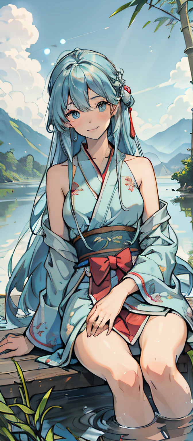 tmasterpiece，best qualtiy，offcial art，8k wallpaper，The is very detailed，illustratio，1个Giant Breast Girl，sky-bluehair，long whitr hair，Detailed eyes，Forrest gump，exposed bare shoulders，Hanfu，lakes，pure，softl smile，bamboos，Tea 4k,8k,best quality, masterpiece, ,The Primordial Source, dazzling display, radiant energy, shimmering colors, swirling vortex of power, celestial lights, majestic presence, awe-inspiring aura, transcendent beauty