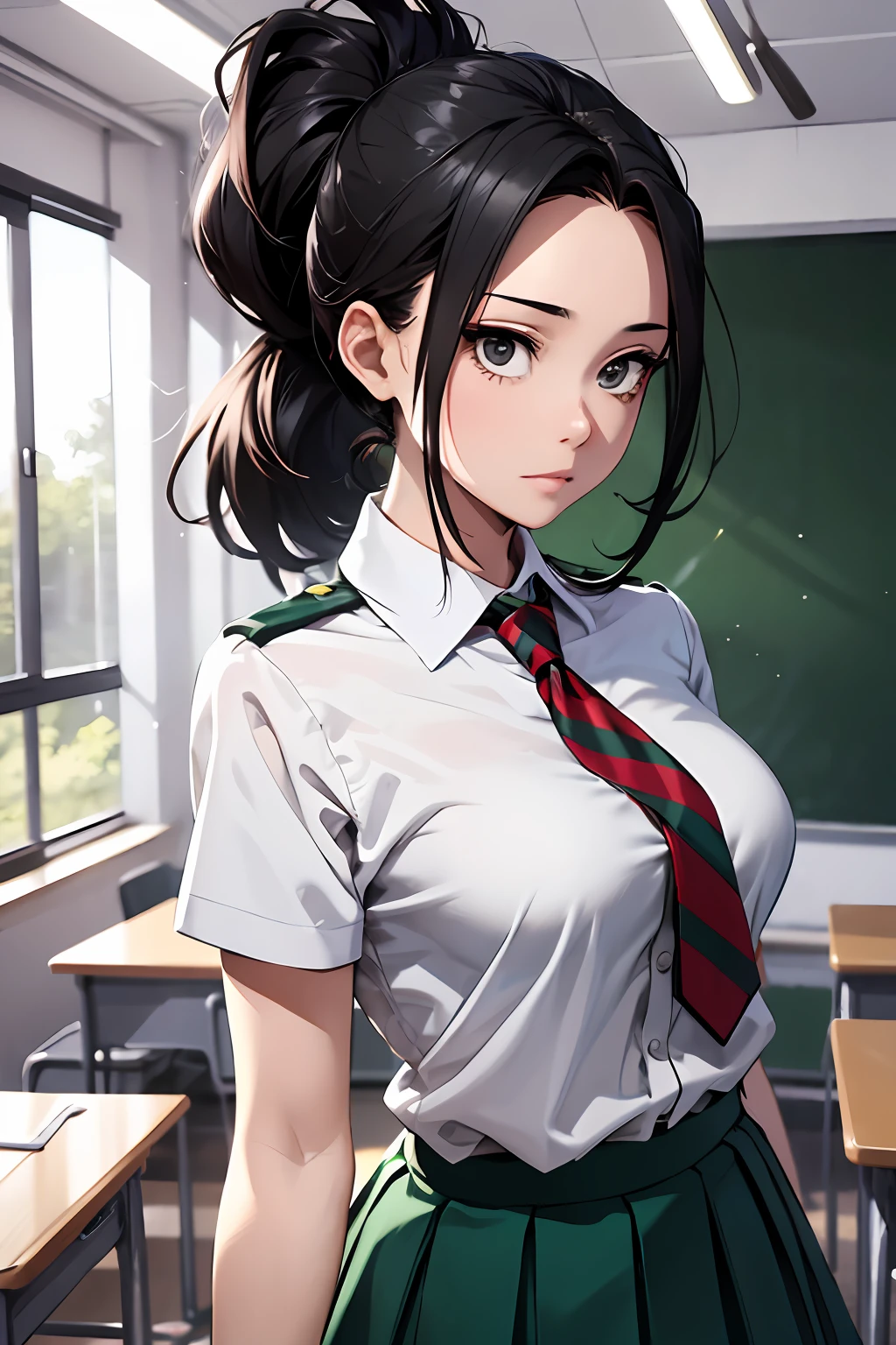 masterpiece, best quality, highres, 1girl, yaoyorozu momo, black hair, ponytail, hair pulled back, black eyes, large breasts, school uniform, white shirt, collared shirt, short sleeves, red necktie, green skirt, standing, cowboy shot, indoors, classroom,