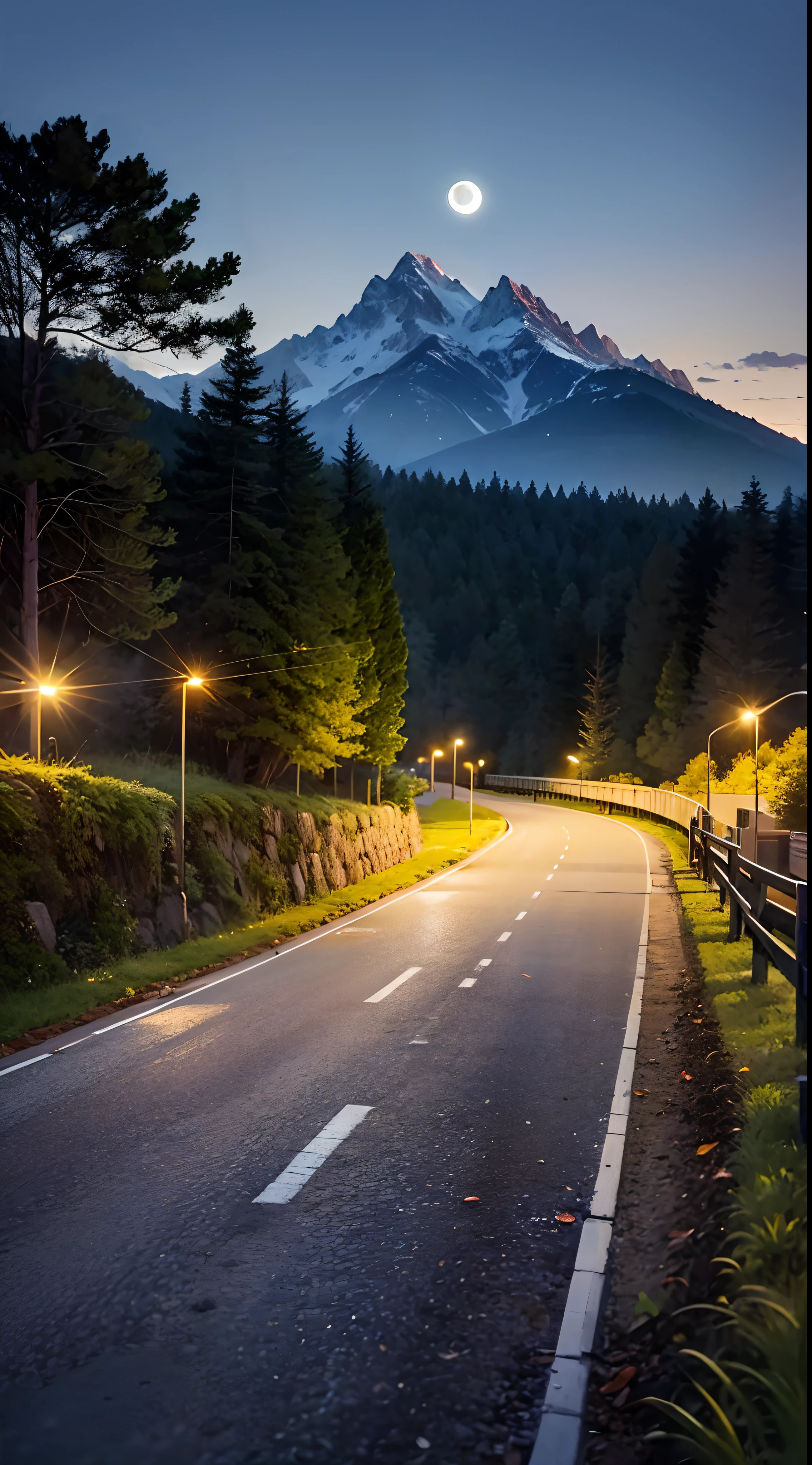 Road, mountain backdrop , at night , moon , trees blowing , fields beside the road