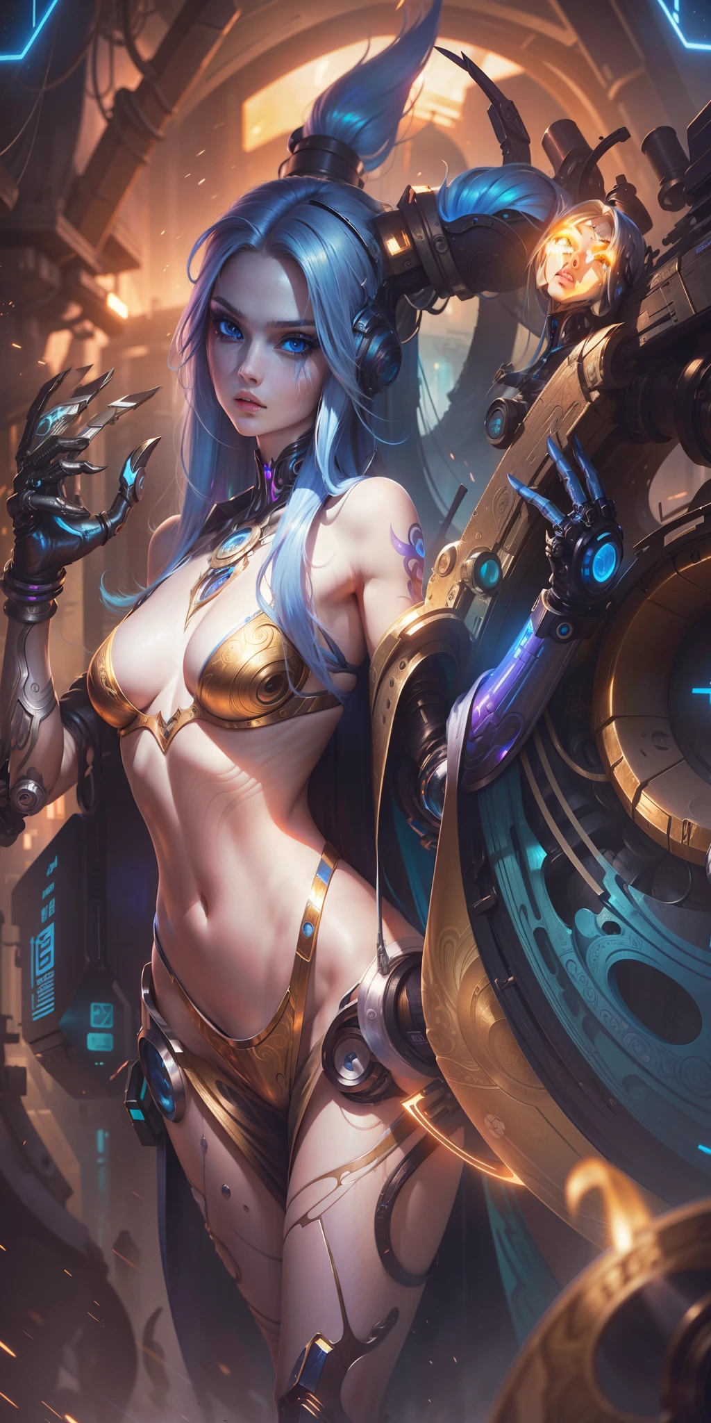 Masterpiece, Best Quality, Girls, Slender, Blue Eyes, Hair Color, Iridescent, Long Hair Spreading, White Skin, Medium, Cute, Sexy, Near Future, Cyberpunk, Bikini, Exposed Skin, Night, Psychedelic, Trip, Extreme Color, Paisley Theme, Open Legs, Mechanical Left Arm, Full Body