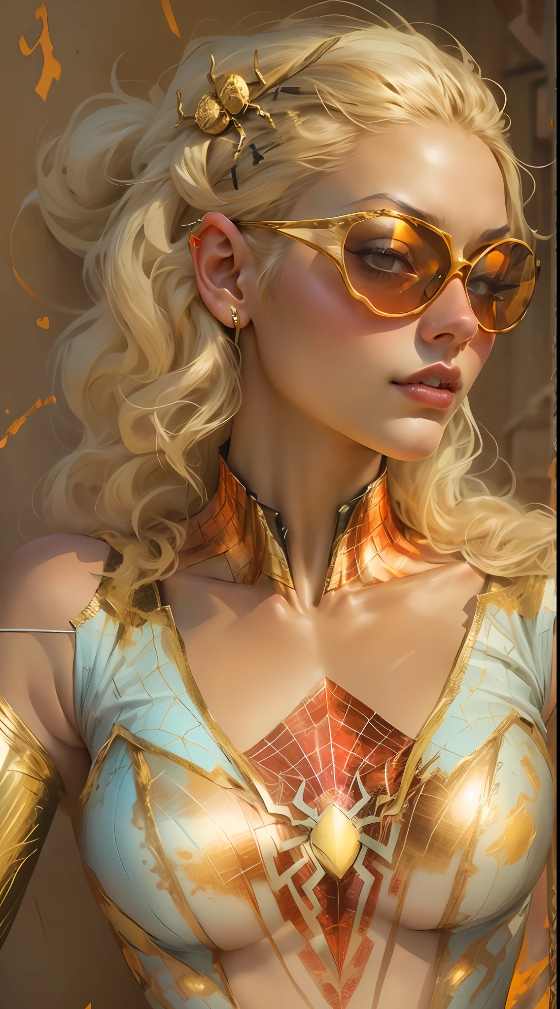 Beautiful blonde woman detailed defined body using gold spider man cosplay, tiny breasts, gold sunglasses