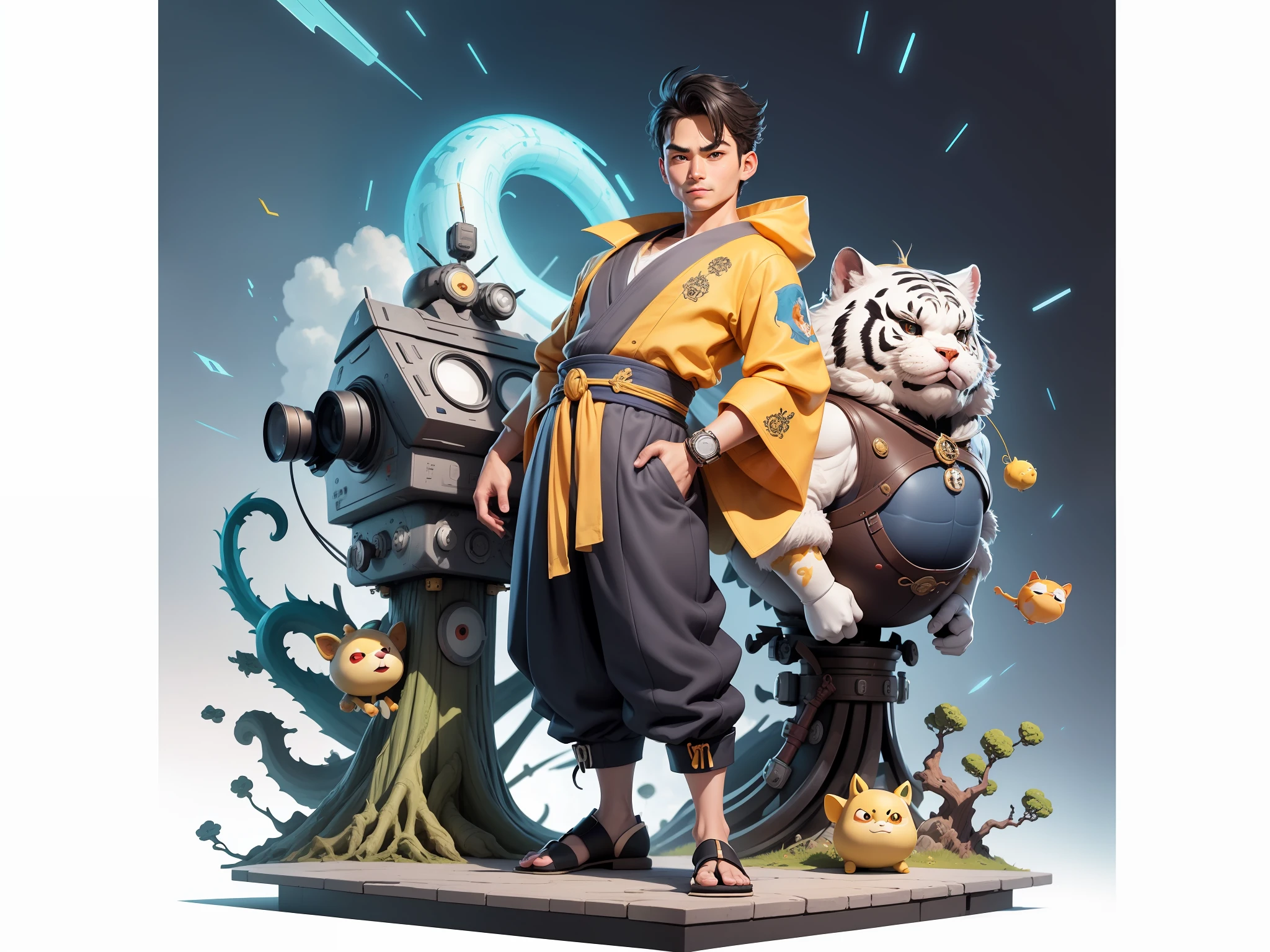 (Masterpiece), (Excellent), (Super Meticulous), (Full Body: 1.2), Super Young Man, Oriental Face, Japanese Kimono, Japanese Wind Thunder God, Dragon, Tiger, TV Anchor, Bust Portrait Illustration, Alone, Black Suit, Blue Tie, Slightly Chubby Face, Very Clean Face, No Beard, Black Super Short Hair, Black Eyes, Confident Smile, 3c Computer Sub-Products, iPad, iPhone, Digital Painting, 3D Character Design by Akira Toriyama and Mark Claireden and Pixar and Hayao Miyazaki, The illustration is a high-definition illustration in 4K resolution with very detailed facial features and cartoon-style visuals.