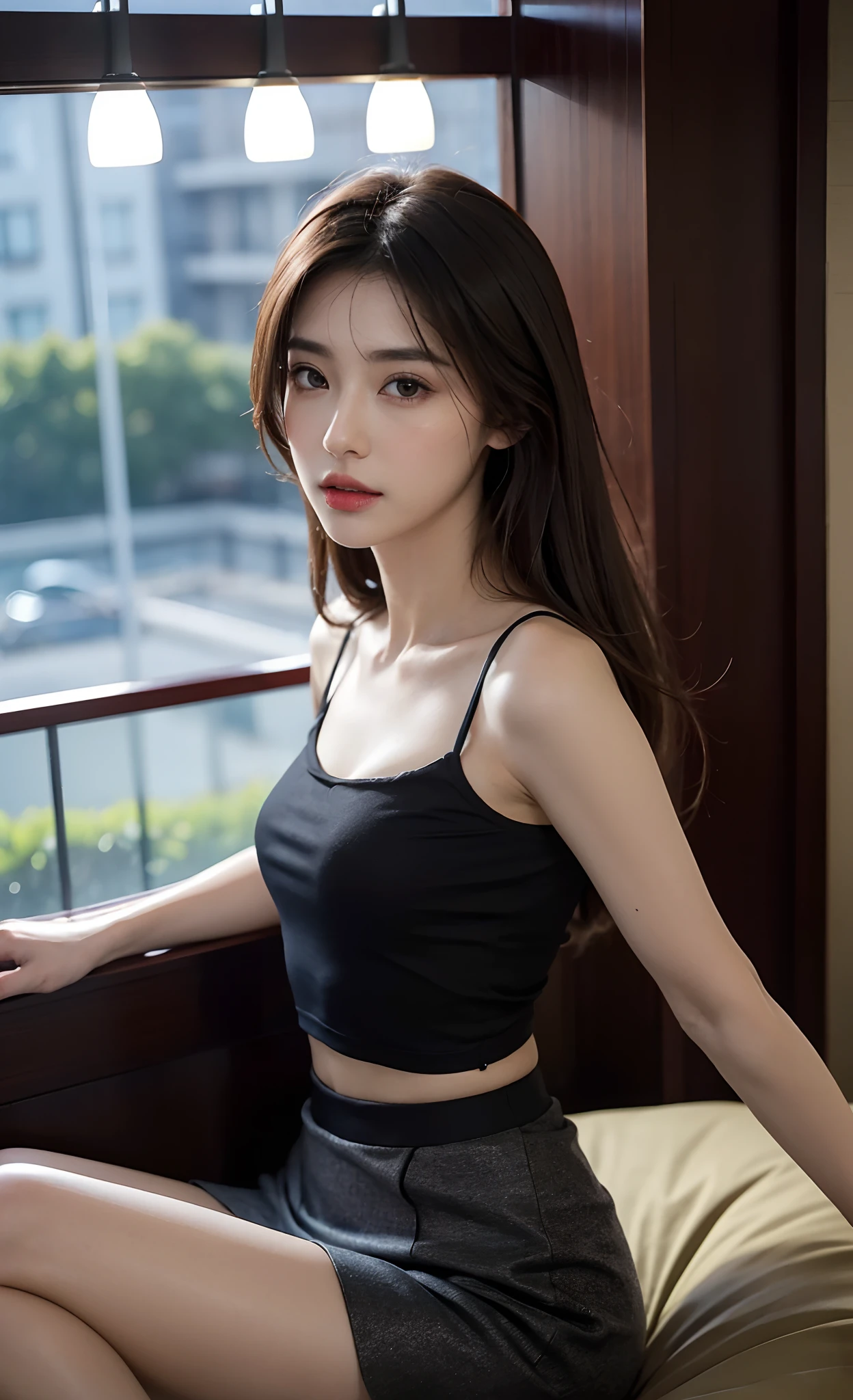 A lovely 20 year old woman,Wear a black camisole,short jeans pants,The collarbone is beautiful,Brown wavy curls,The eyes are shy,Pure
