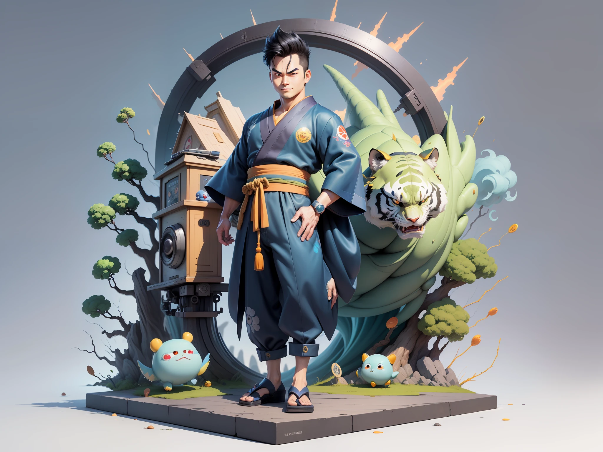 (Masterpiece), (Excellent), (Super Meticulous), (Full Body: 1.2), Super Young Man, Oriental Face, Japanese Kimono, Japanese Wind Thunder God, Dragon, Tiger, TV Anchor, Bust Portrait Illustration, Alone, Black Suit, Blue Tie, Slightly Chubby Face, Very Clean Face, No Beard, Black Super Short Hair, Black Eyes, Confident Smile, 3c Computer Sub-Products, iPad, iPhone, Digital Painting, 3D Character Design by Akira Toriyama and Mark Claireden and Pixar and Hayao Miyazaki, The illustration is a high-definition illustration in 4K resolution with very detailed facial features and cartoon-style visuals.