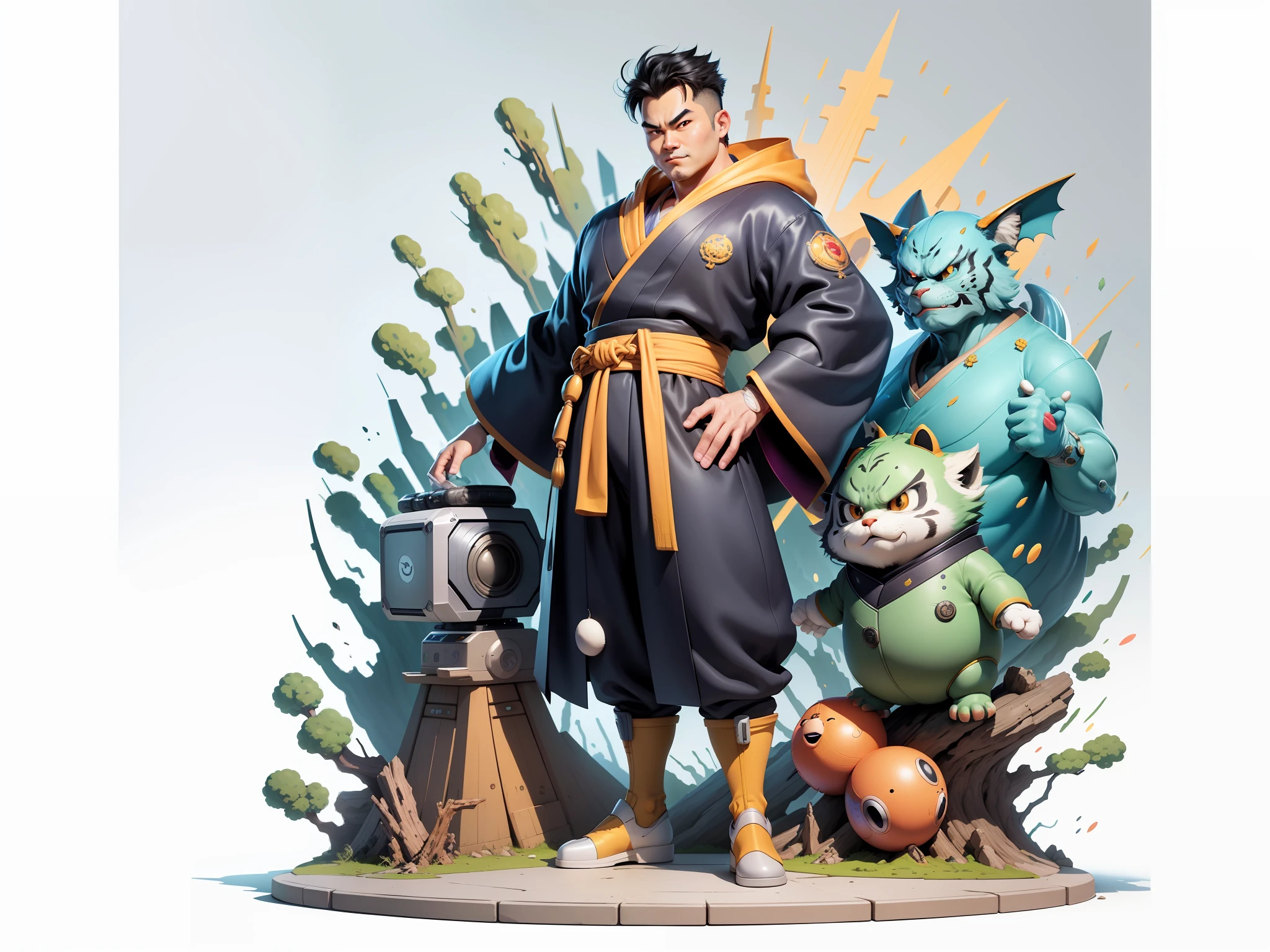 (Masterpiece), (Excellent), (Super Meticulous), (Full Body: 1.2), Super Young Man, Oriental Face, Japanese Kimono, Japanese Wind Thunder God, Dragon, Tiger, TV Anchor, Bust Portrait Illustration, Alone, Black Suit, Blue Tie, Slightly Chubby Face, Very Clean Face, No Beard, Black Super Short Hair, Black Eyes, Confident Smile, 3c Computer Sub-Products, iPad, iPhone, Digital Painting, 3D Character Design by Akira Toriyama and Mark Claireden and Pixar and Hayao Miyazaki, The illustration is a high-definition illustration in 4K resolution with very detailed facial features and cartoon-style visuals.