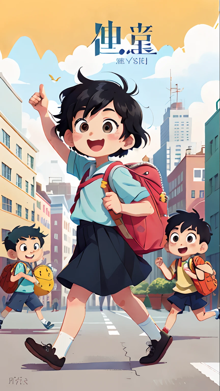 poster for,Minimalist border,Boys and girls,School,cheerfulness,Carrying a school bag,The background is the city,Perfect quality,extremely colorful,aquarelle,in style of hayao miyazaki,s the perfect face,black color hair,Complicated details,ultra-low perspective,wide wide shot